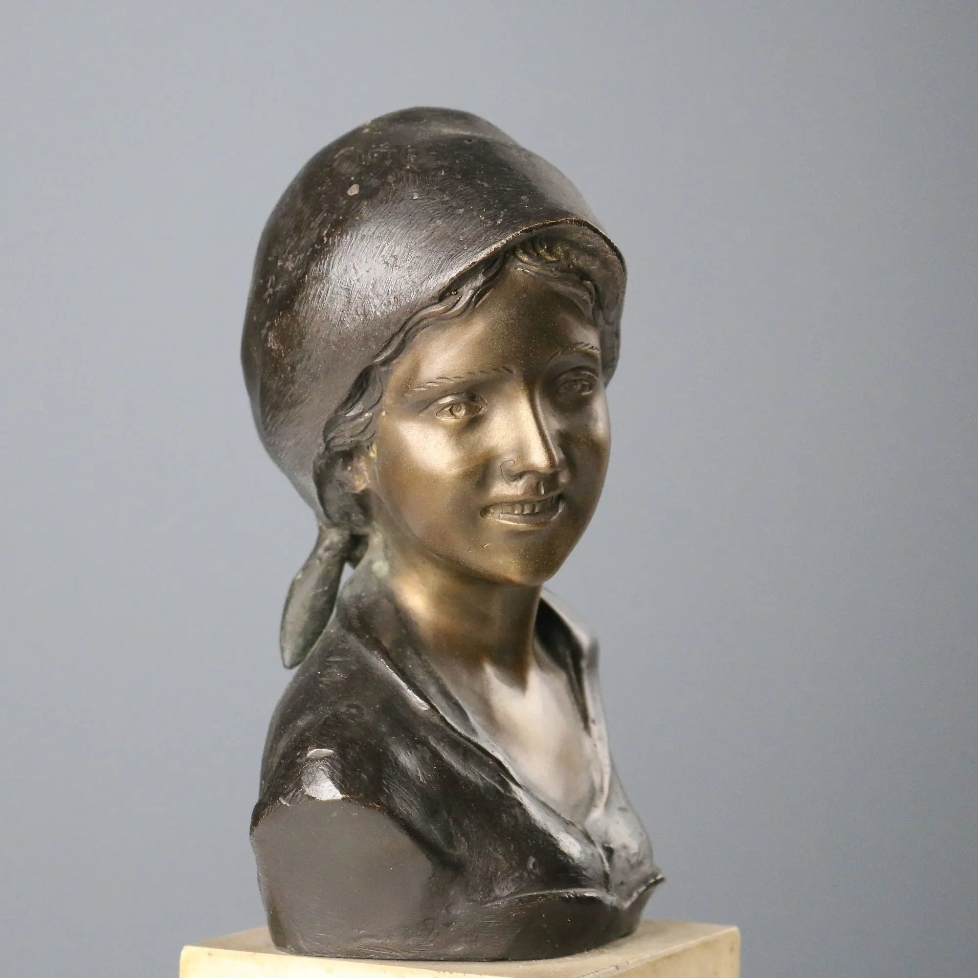 Antique Half-Bust Signed Giovanni de Martino Bronze Marble XX Century
