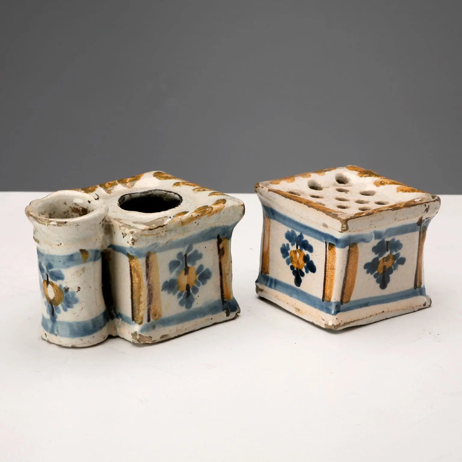 Antique Inkwell and Powder Box Majolica Italy XVIII Century