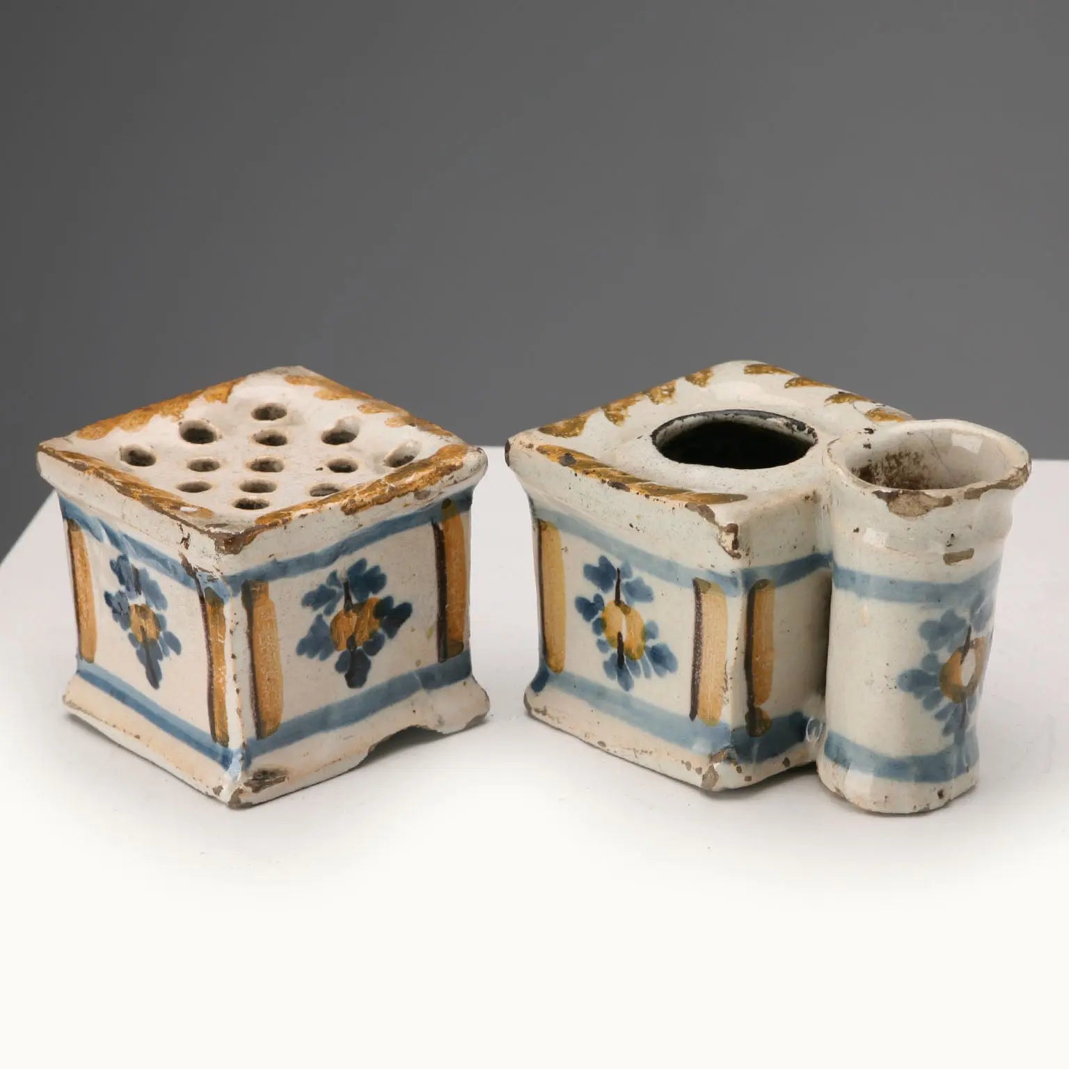 Antique Inkwell and Powder Box Majolica Italy XVIII Century