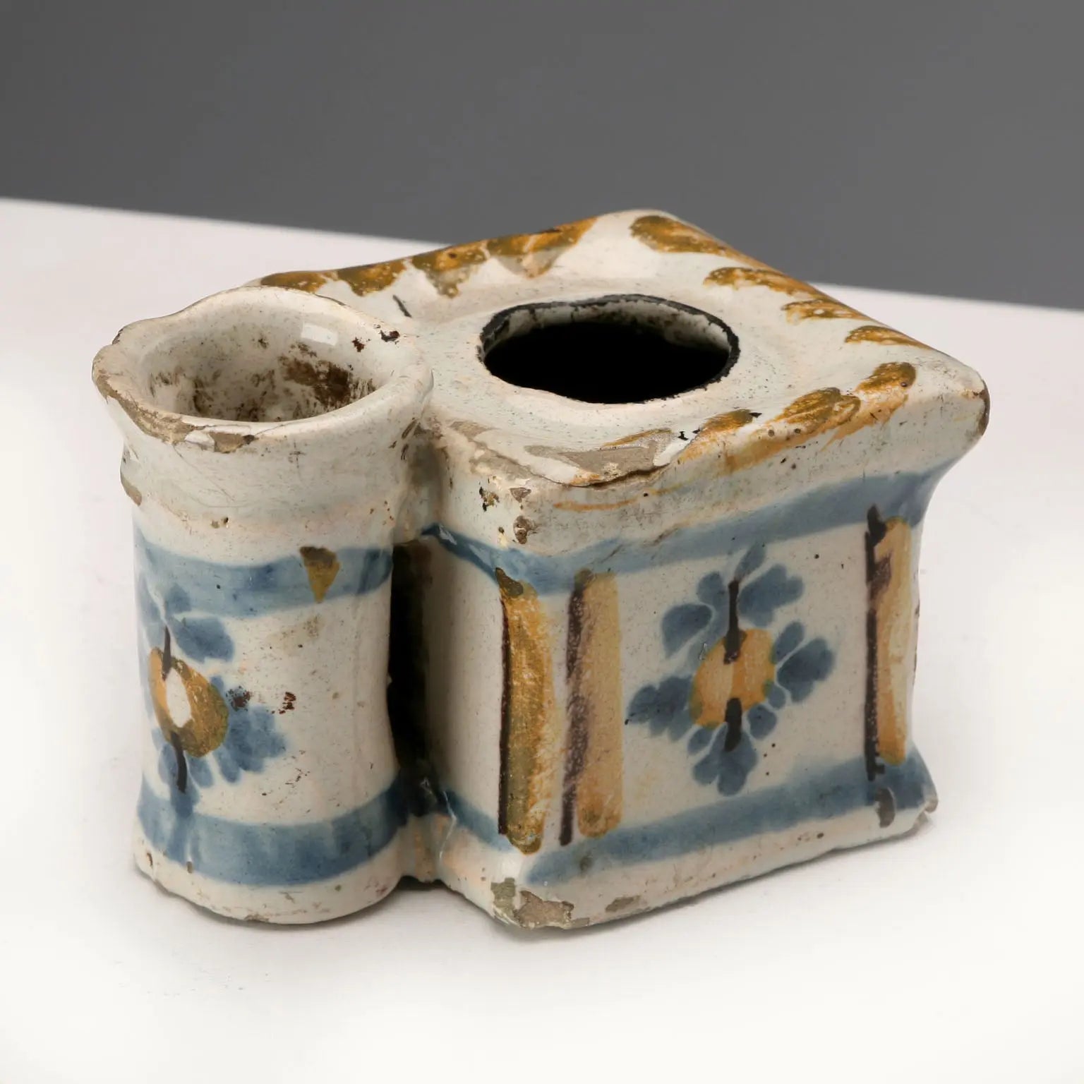 Antique Inkwell and Powder Box Majolica Italy XVIII Century