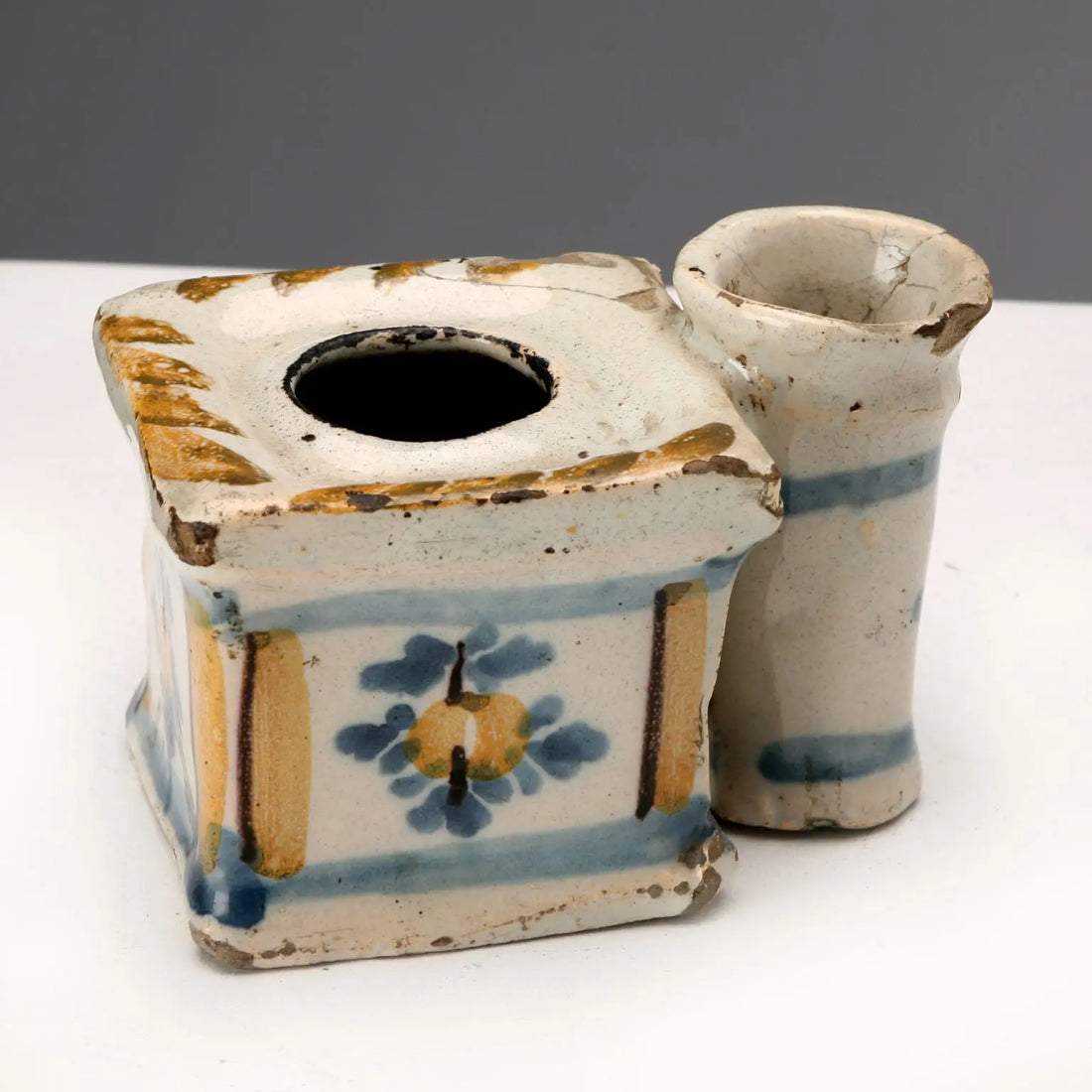 Antique Inkwell and Powder Box Majolica Italy XVIII Century