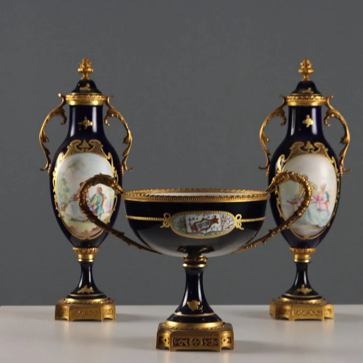 Antique Triptych Vases Porcelain Gilded Bronze France XX Century - France, Mid XX Century | Antiques | Ceramics Products