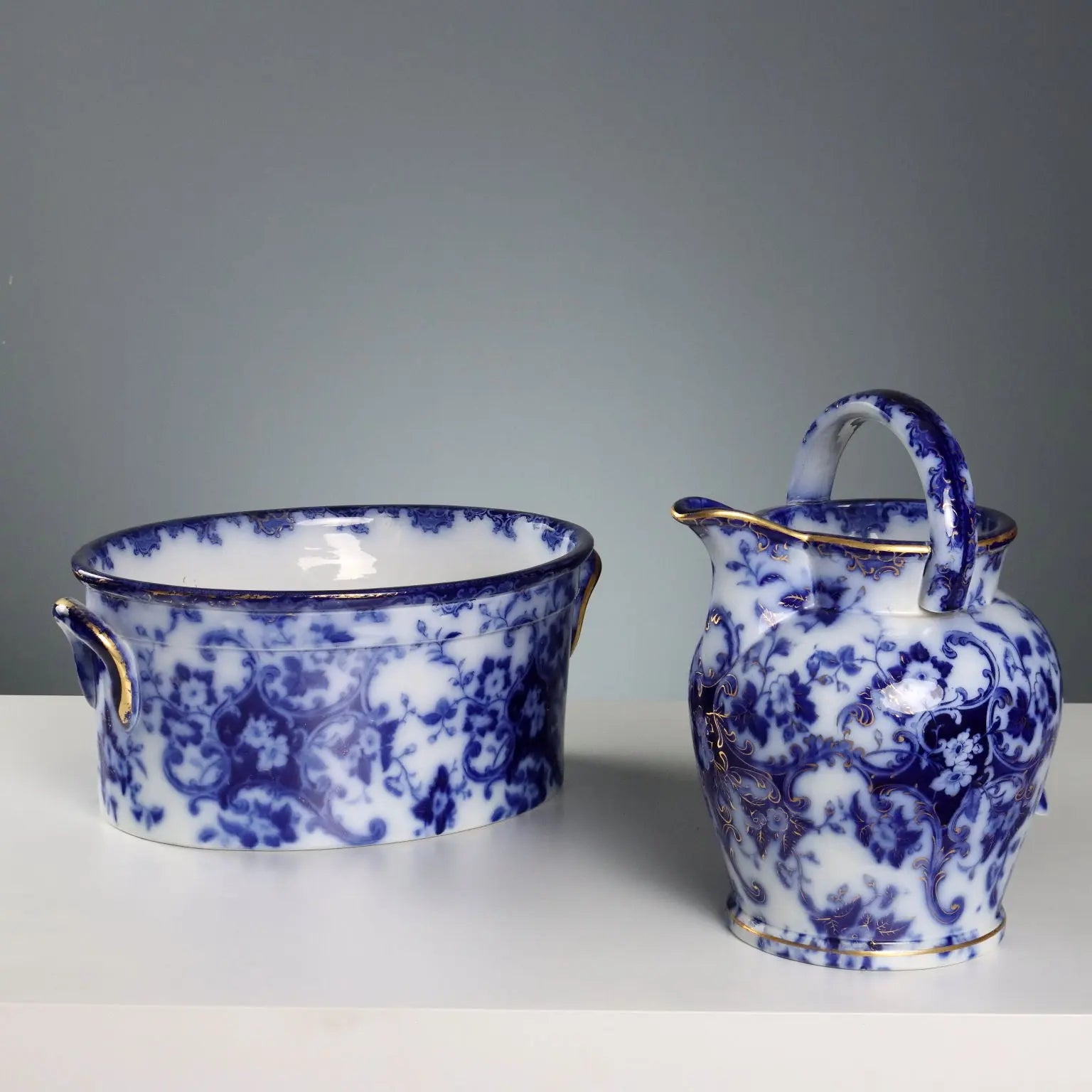 Antique Jug with Basin Flow Blue Porcelain England XIX Century