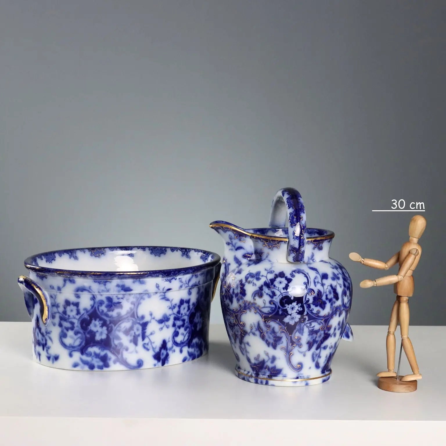 Antique Jug with Basin Flow Blue Porcelain England XIX Century
