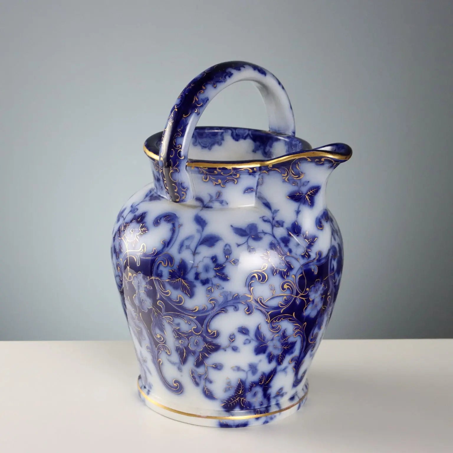 Antique Jug with Basin Flow Blue Porcelain England XIX Century