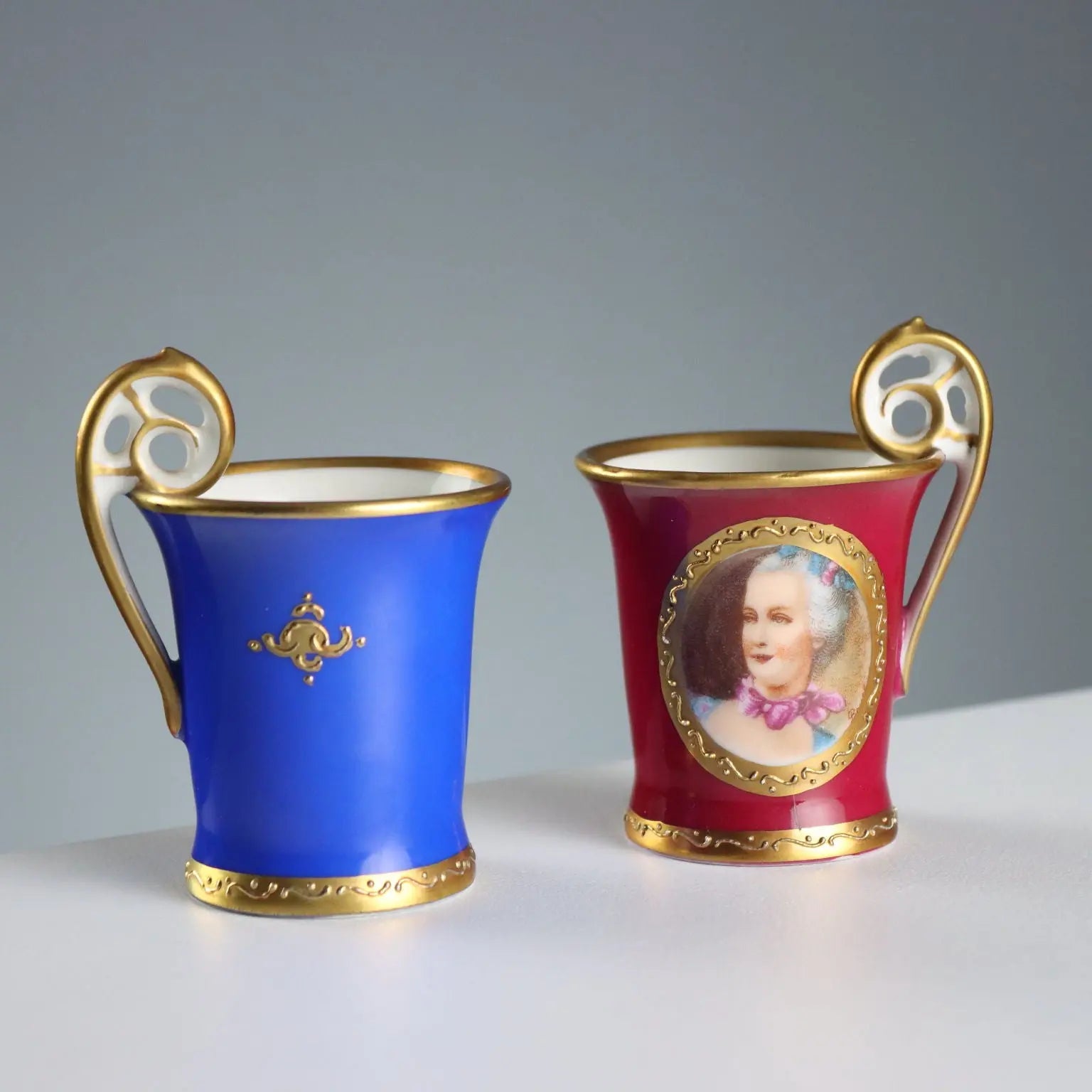 Antique Mugs Coloured Porcelain Limoges France XIX Century