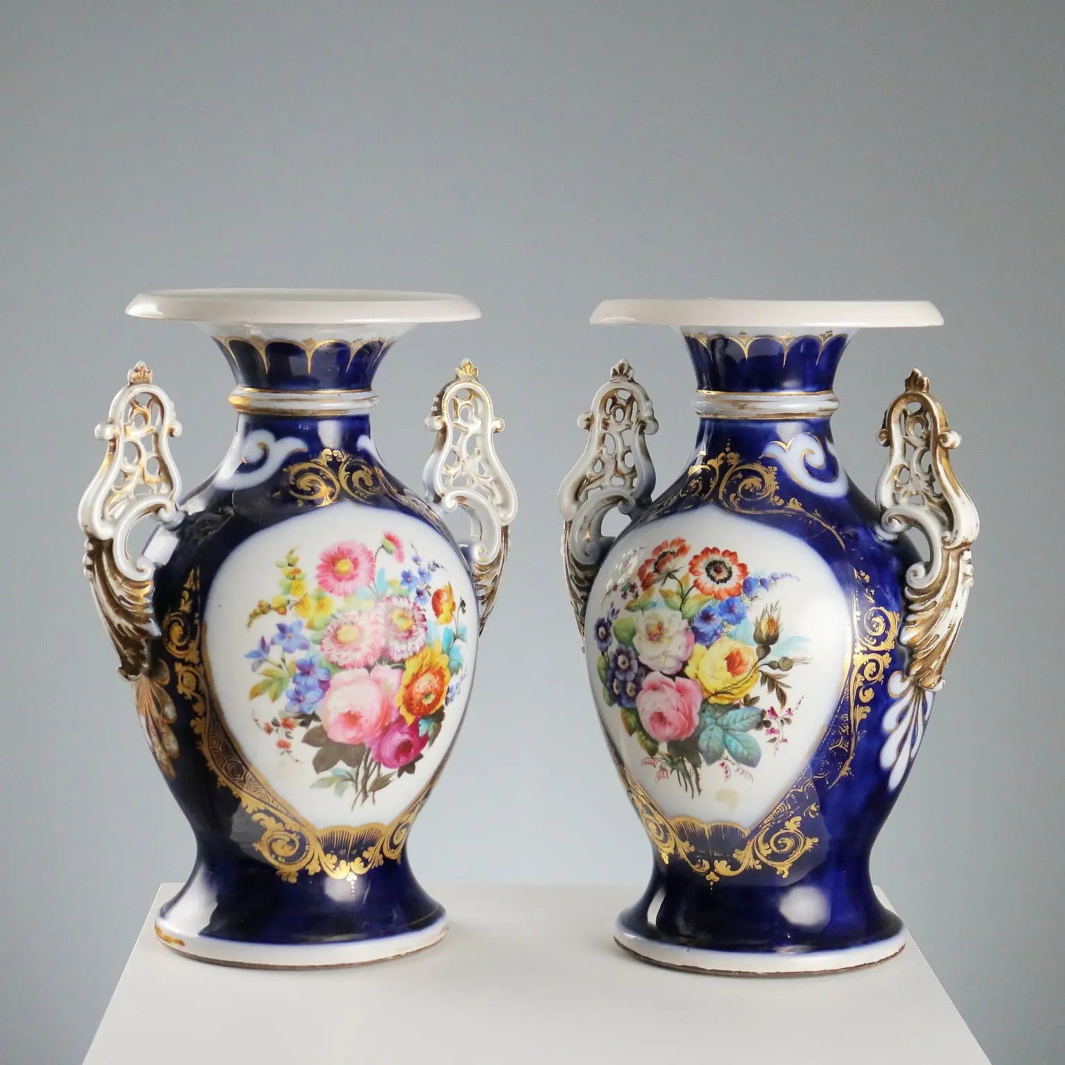 Antique Vases Cobalt Blue Porcelain Decorations France XIX-XX Century
