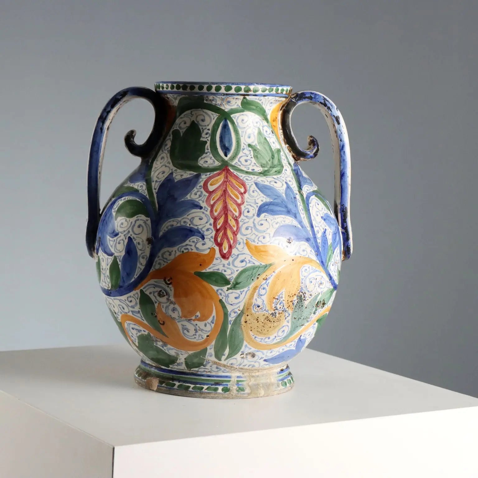 Antique Amphora Hand-Painted Majolica Italy XX Century