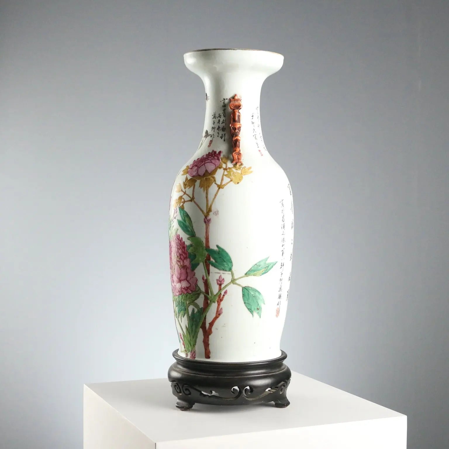 Antique Baluster Shaped Vase Porcelain Wood China XX Century
