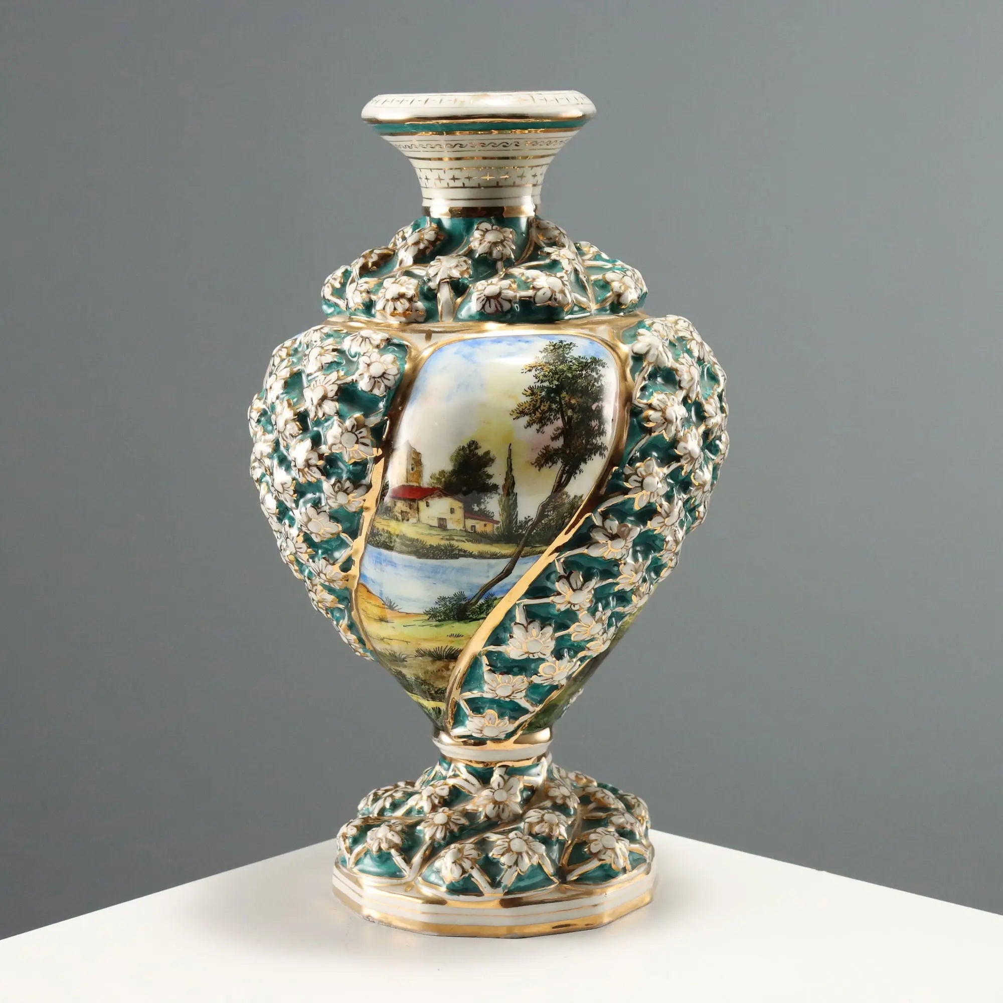 Antique Vase Ceramic Decoration with Flowers Italy XX Century