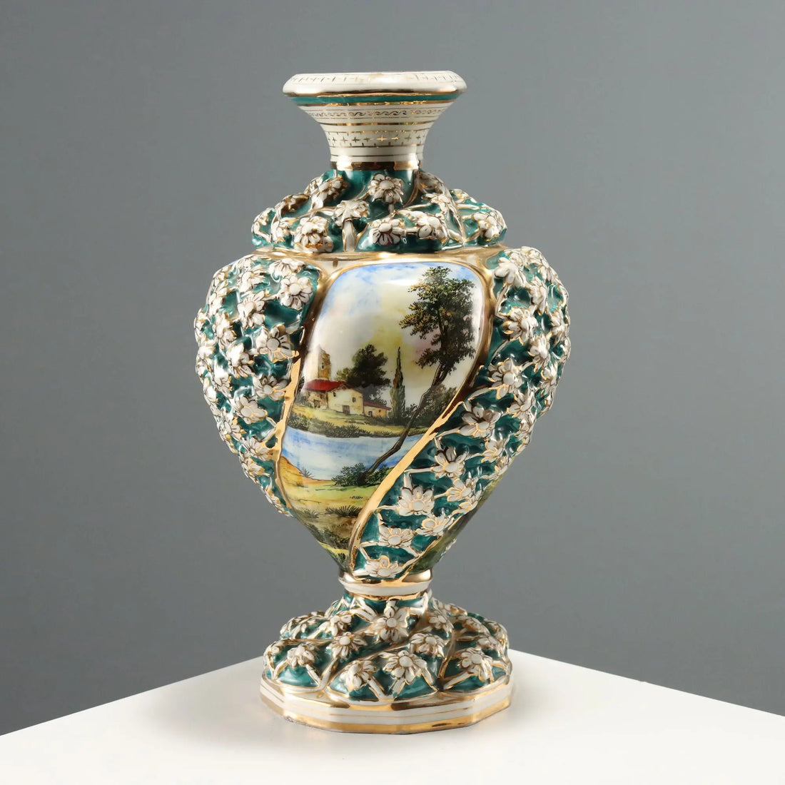 Antique Vase Ceramic Decoration with Flowers Italy XX Century