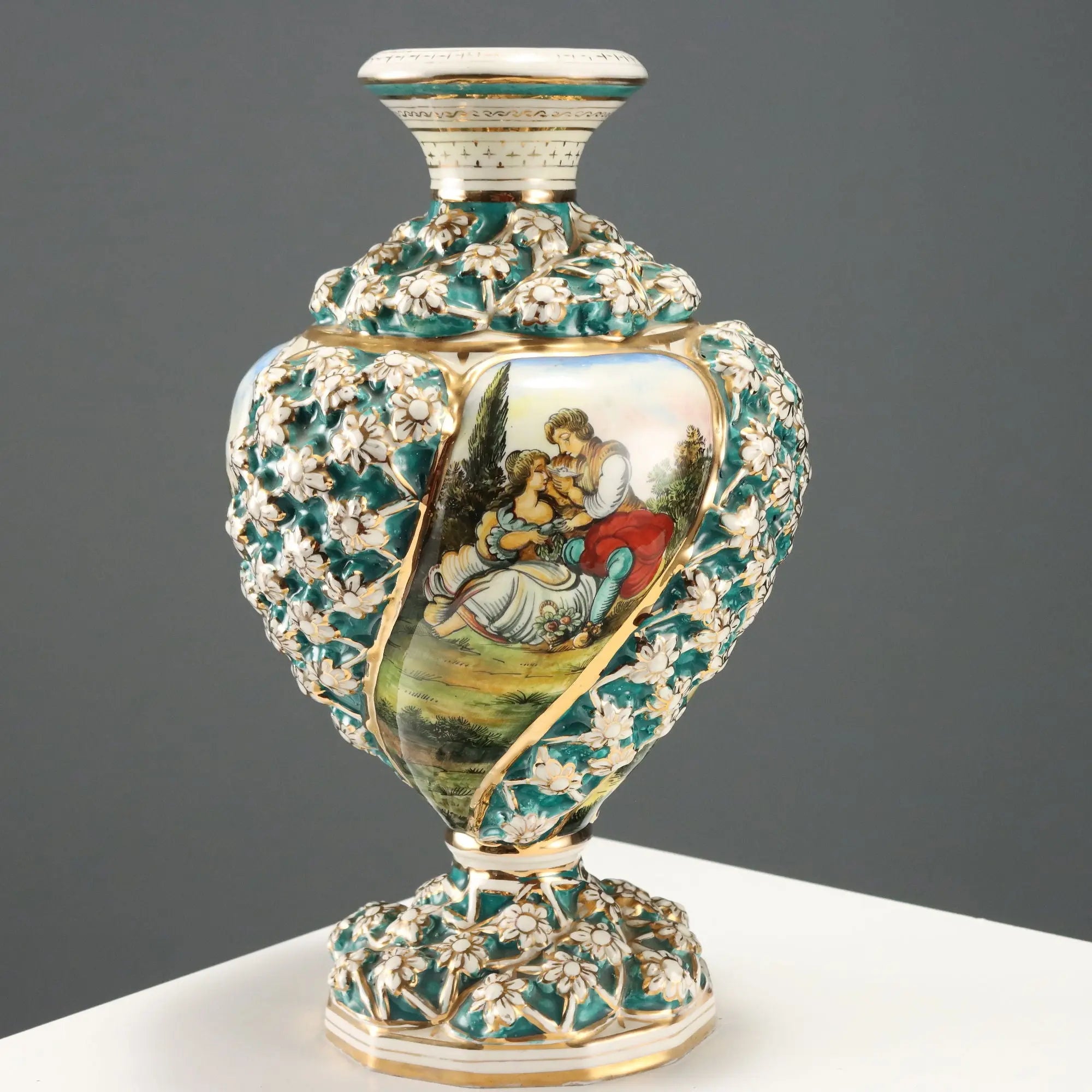 Antique Vase Ceramic Decoration with Flowers Italy XX Century