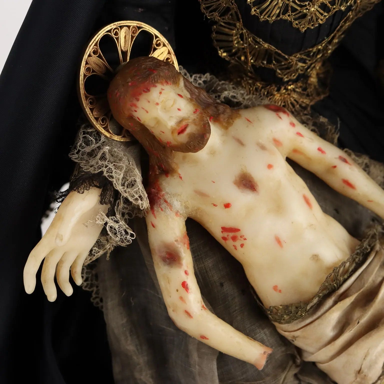 Ancient Sculpture Our Lady of Sorrows Italy '800 Wax Fabric - Southern Italy End of the 19th century | Antiques | Fancy Goods