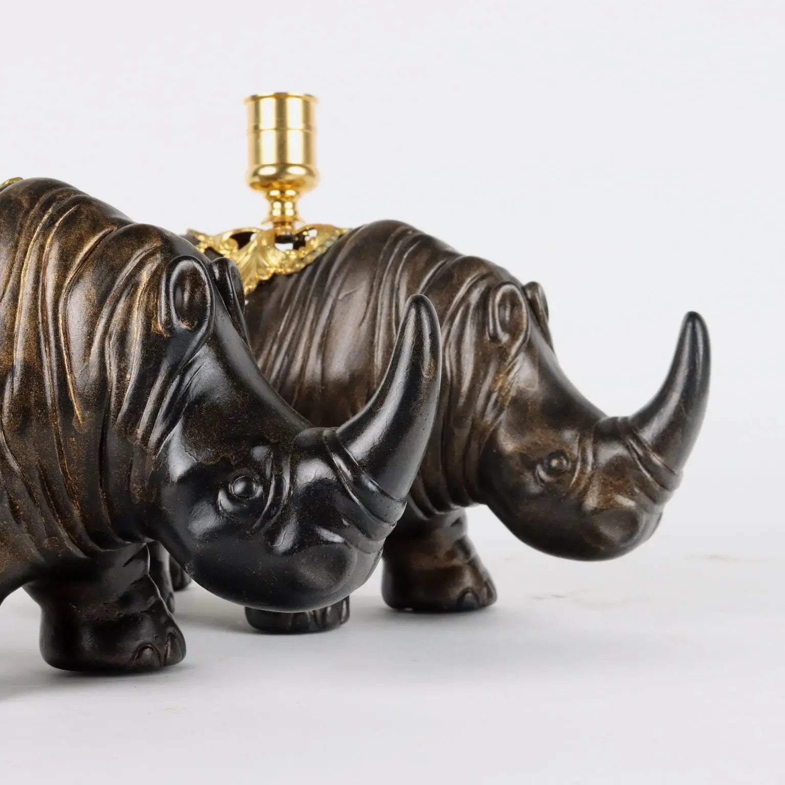 Pair of Rhinoceroses Candle-Holder J. Luc Maisiere '900 Plaster - France, XX-XXI Century | Antiques | Fancy Goods