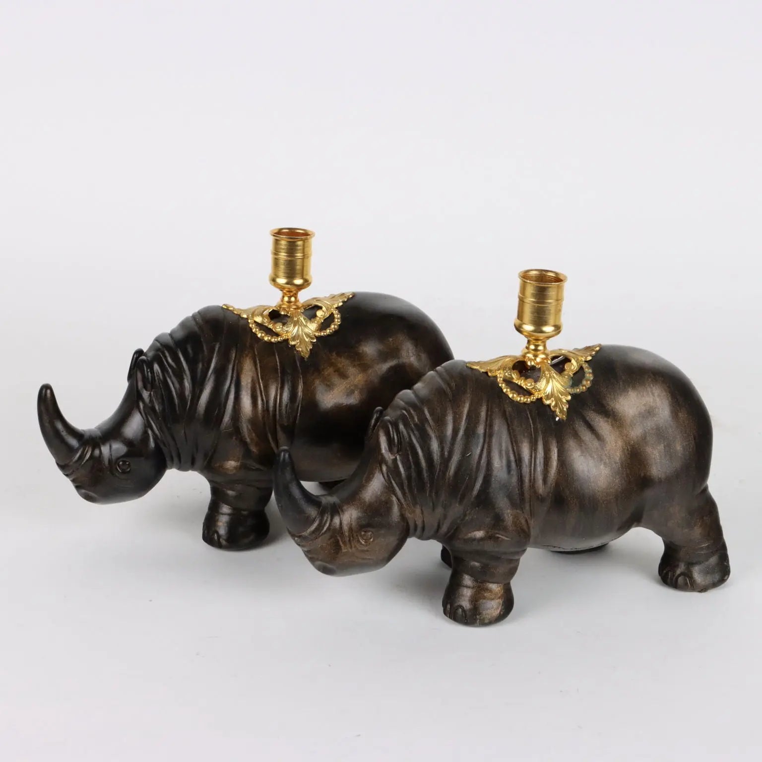 Pair of Rhinoceroses Candle-Holder J. Luc Maisiere '900 Plaster - France, XX-XXI Century | Antiques | Fancy Goods