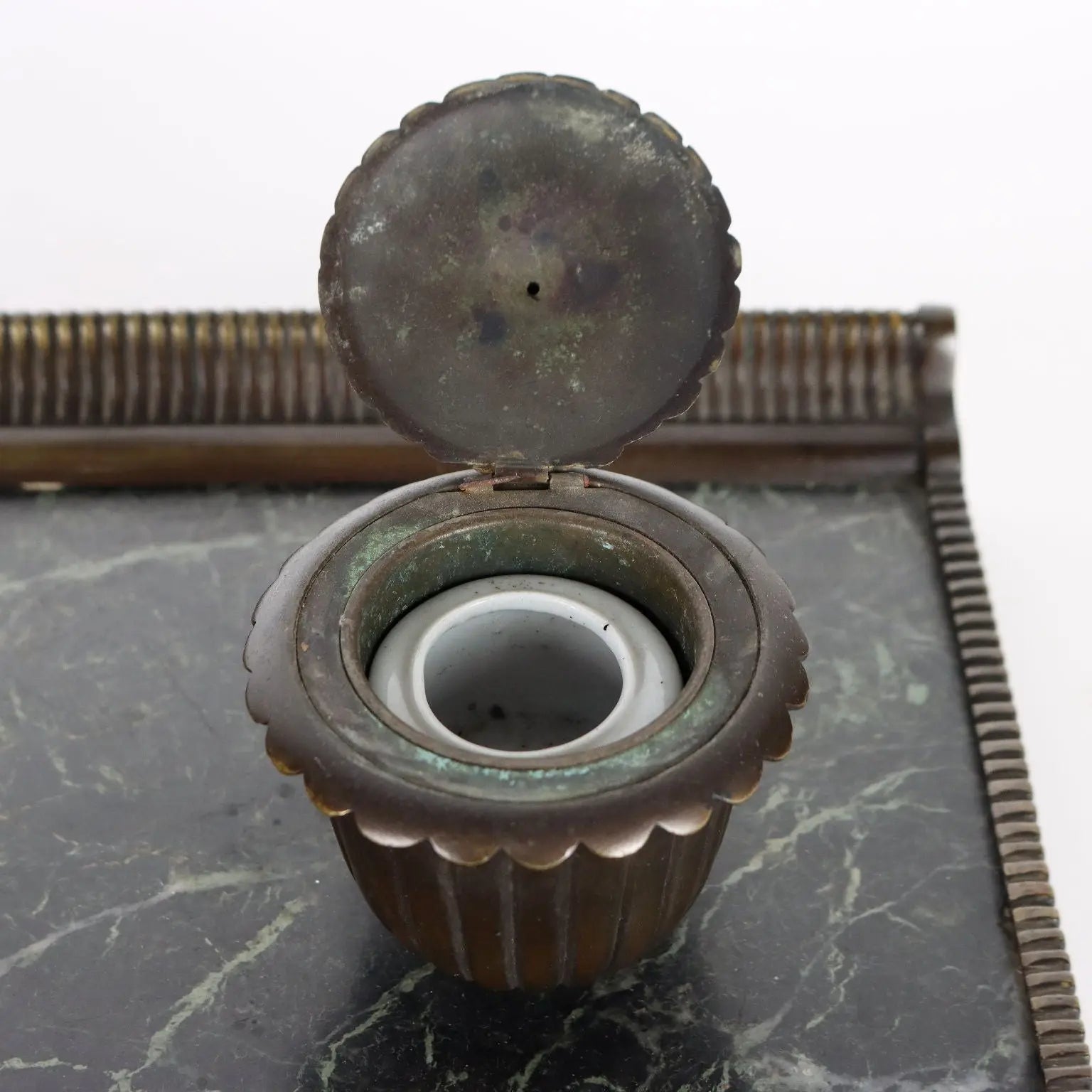 Antique Inkwell Green Marble Bronze Italy XX Century - Italy, Early XX Century | Antiques | Fancy Goods