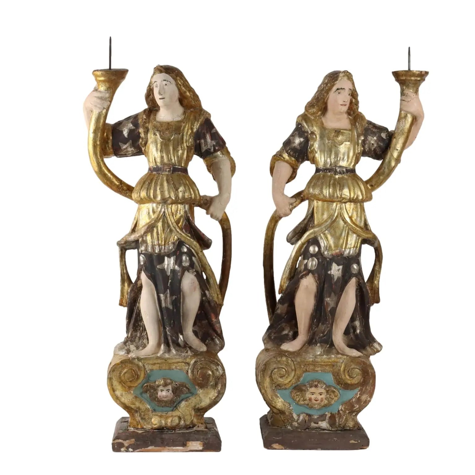 Antique Candle Holders Angel-Shaped Lacquered Wood XVIII Century - Italy, Early XVIII Century | Antiques | Fancy Goods