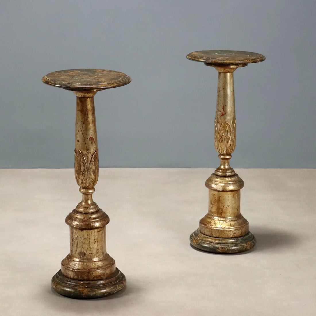 Antique Plant Stands Carved Wood Silver Foil Italy XIX Century
