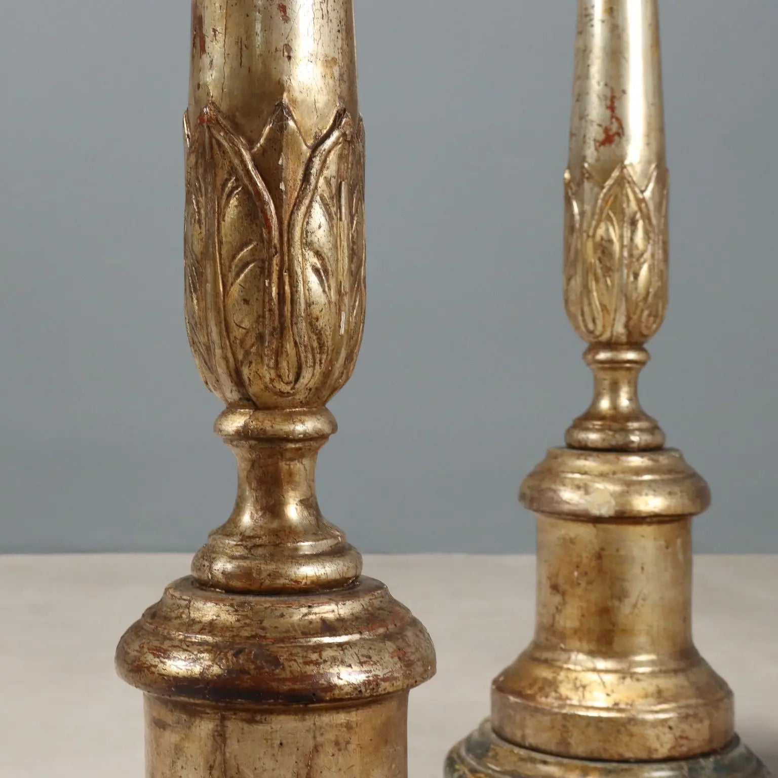 Antique Plant Stands Carved Wood Silver Foil Italy XIX Century