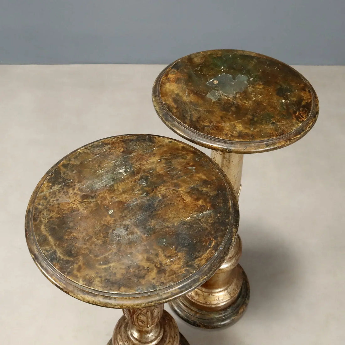 Antique Plant Stands Carved Wood Silver Foil Italy XIX Century