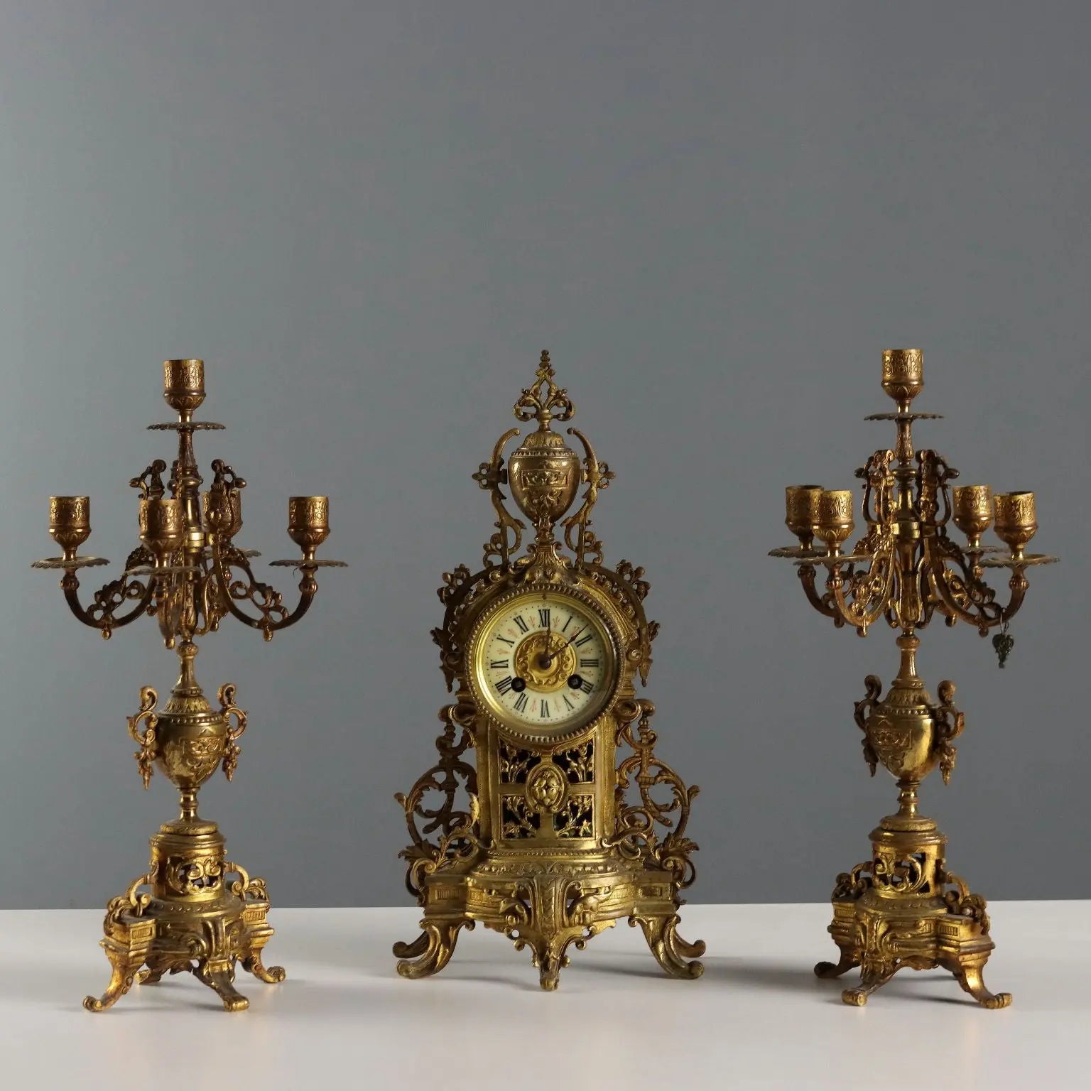 Antique Tryptich Clock Gilded Bronze Eclectic France XIX-XX Century - France, XIX-XX Century | Antiques | Fancy Goods