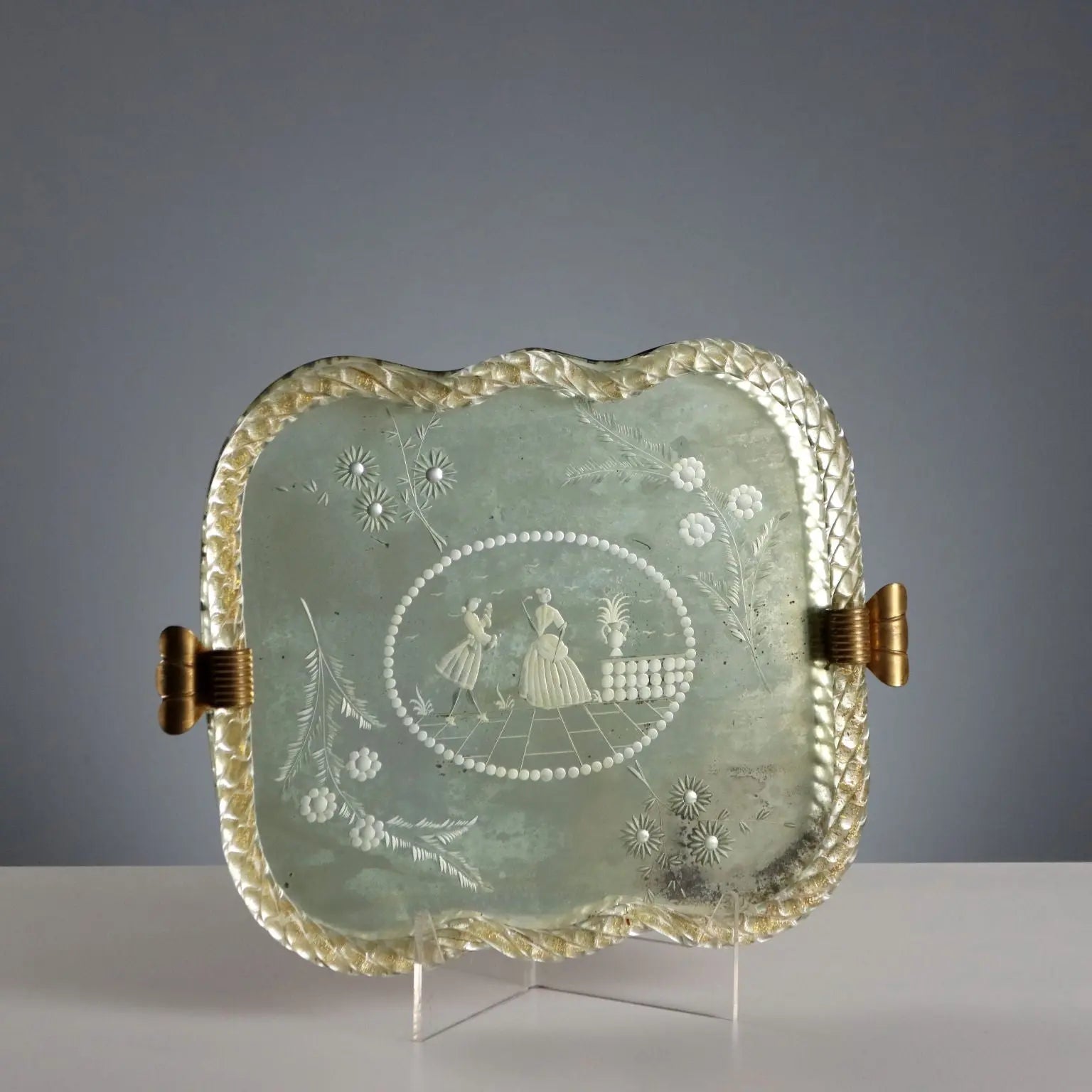 Antique Mirrored Tray Gilded Metal Italy Early XX Century