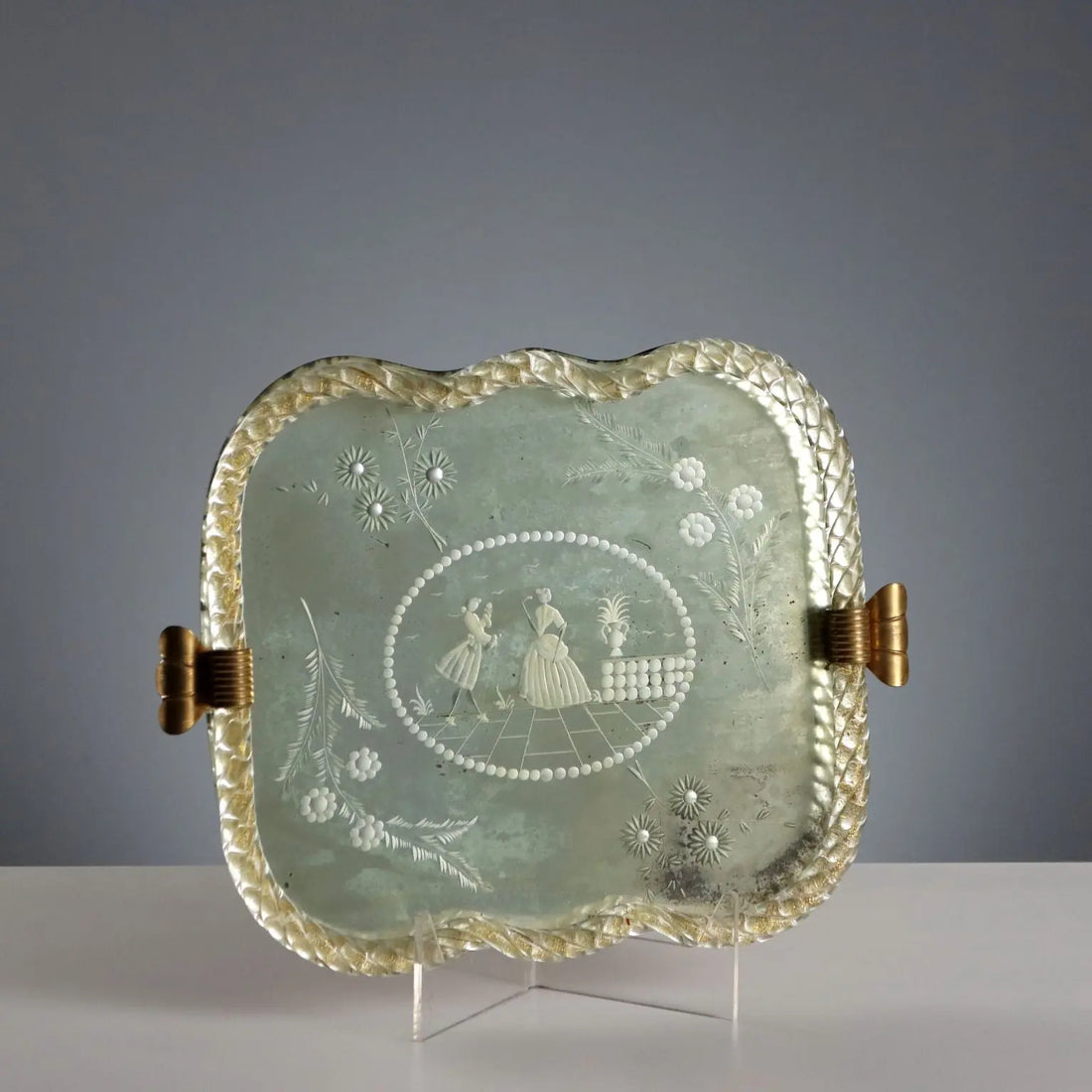 Antique Mirrored Tray Gilded Metal Italy Early XX Century