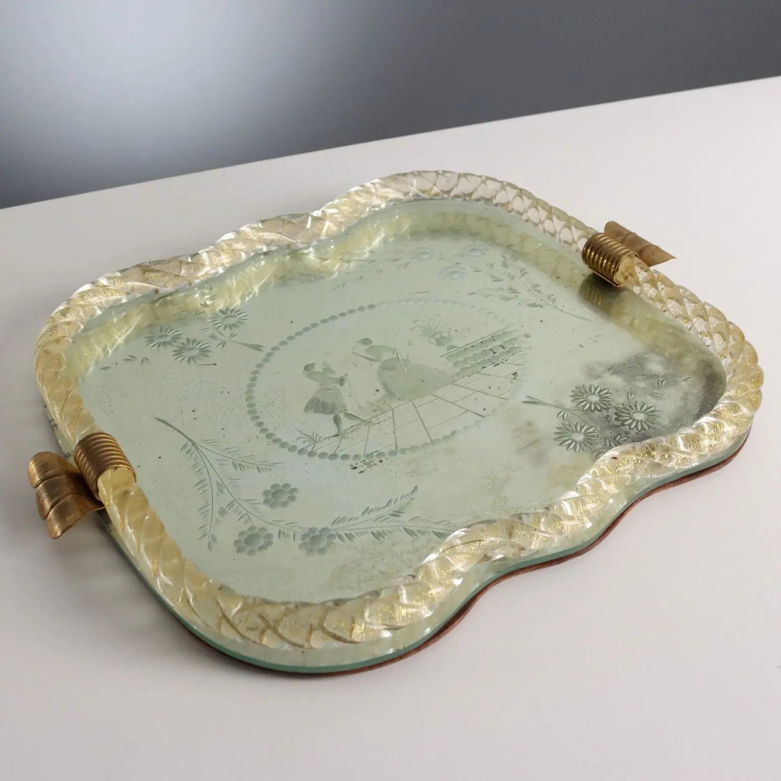 Antique Mirrored Tray Gilded Metal Italy Early XX Century