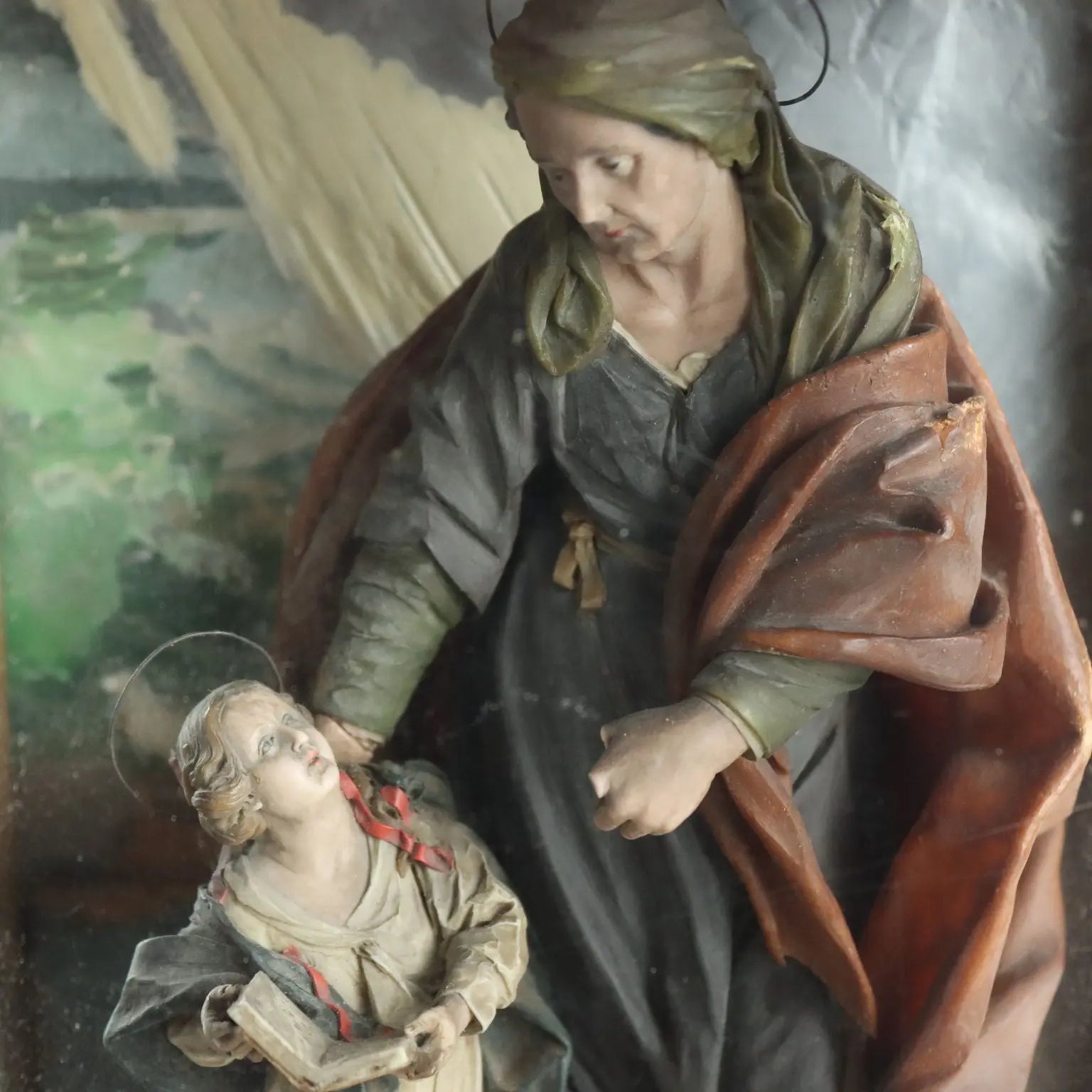 Antique Case with Sculpture Saint Anne and the Virgin Mary XIX Century