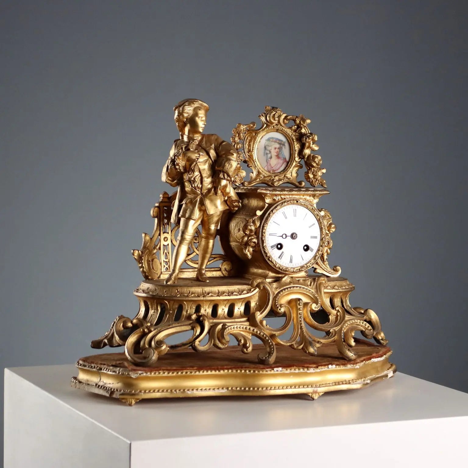 Antique Clock Gilded Antimony Wooden Base France '800-'900
