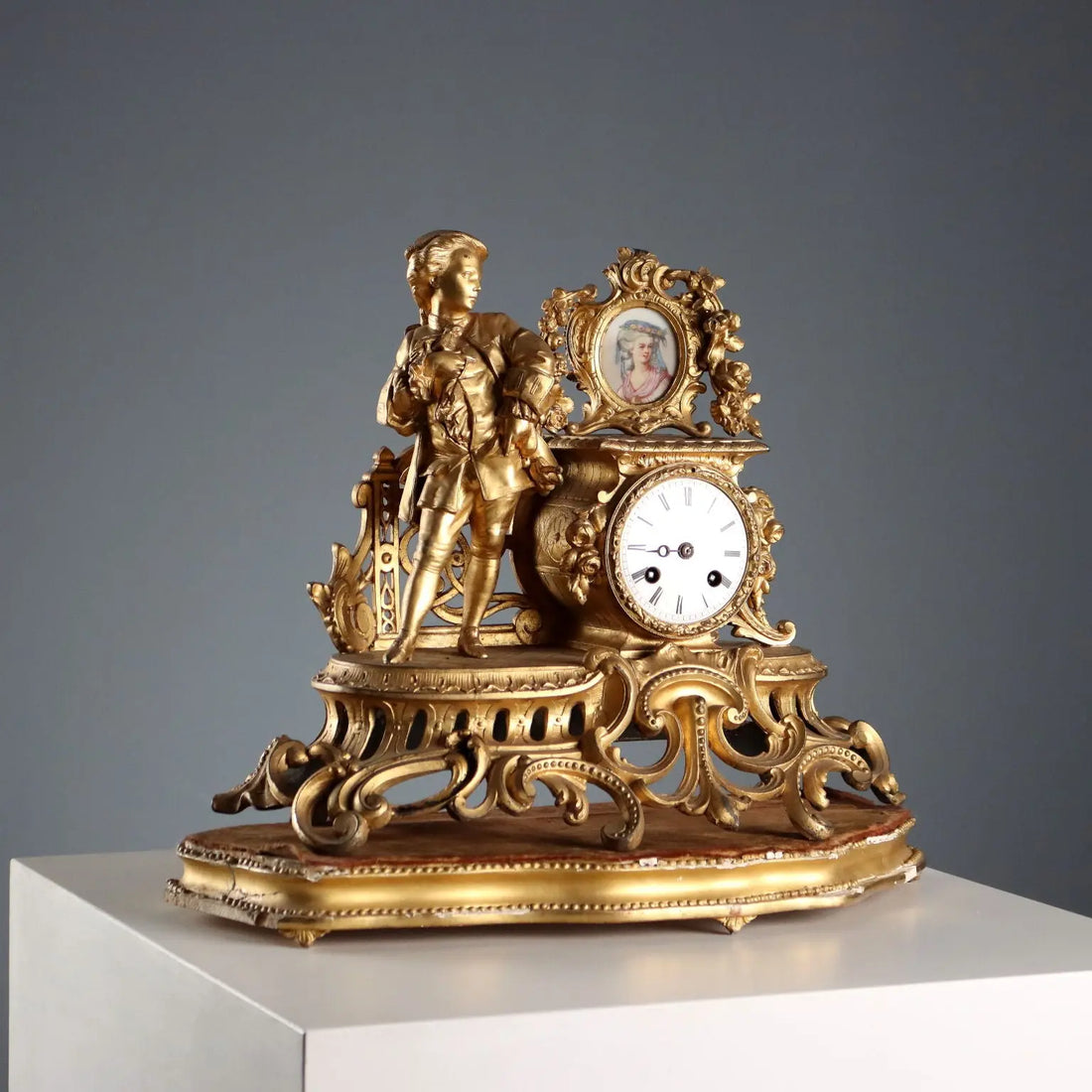 Antique Clock Gilded Antimony Wooden Base France '800-'900