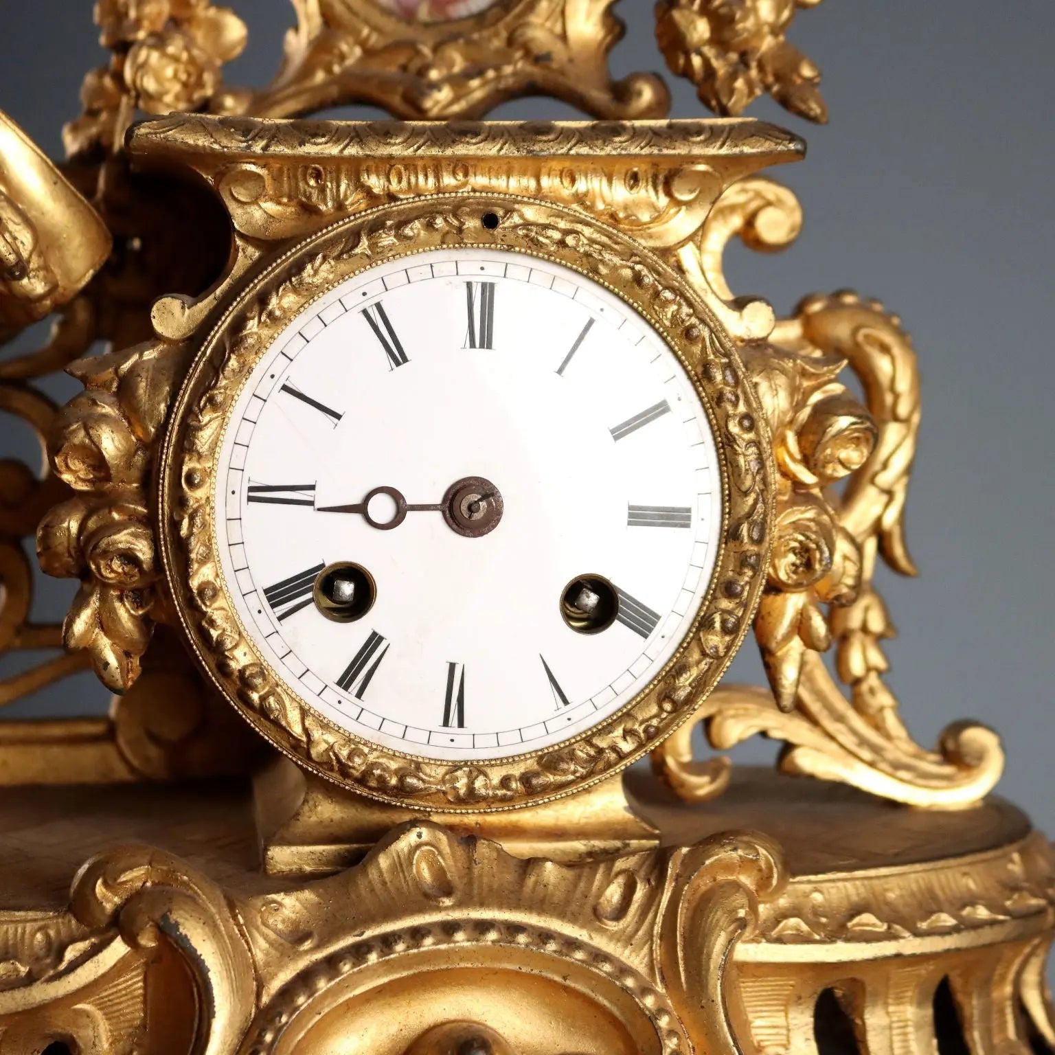 Antique Clock Gilded Antimony Wooden Base France '800-'900