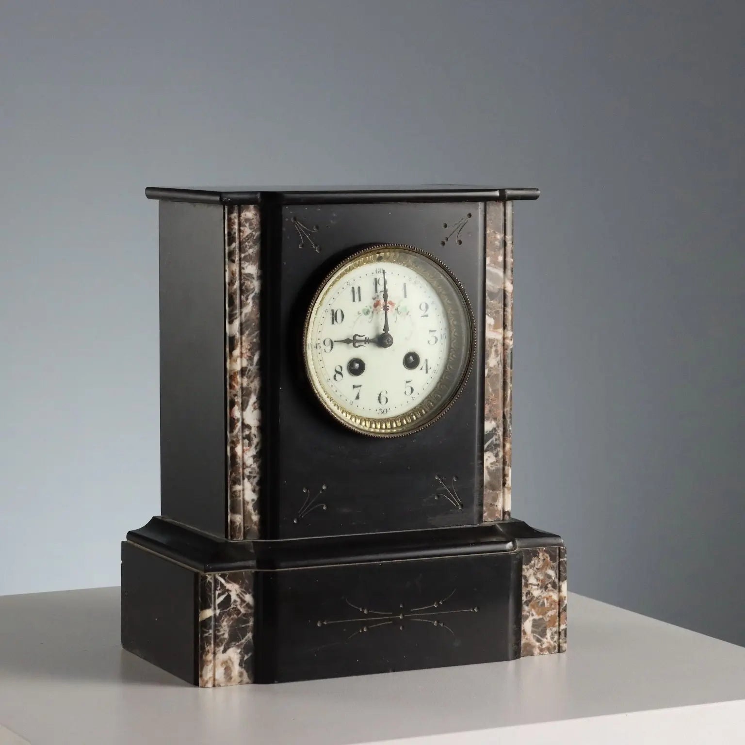 Antique Table Clock Black Marble Metal France XIX-XX Century