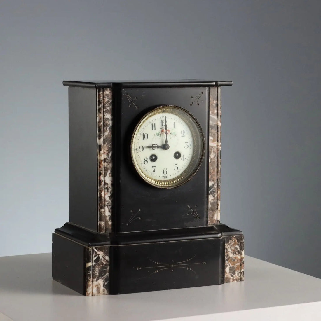 Antique Table Clock Black Marble Metal France XIX-XX Century