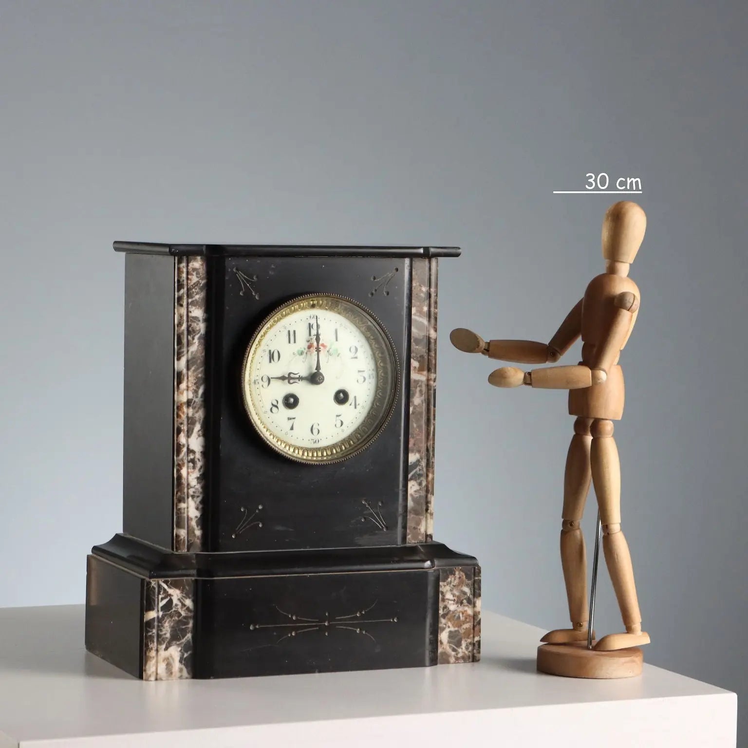 Antique Table Clock Black Marble Metal France XIX-XX Century