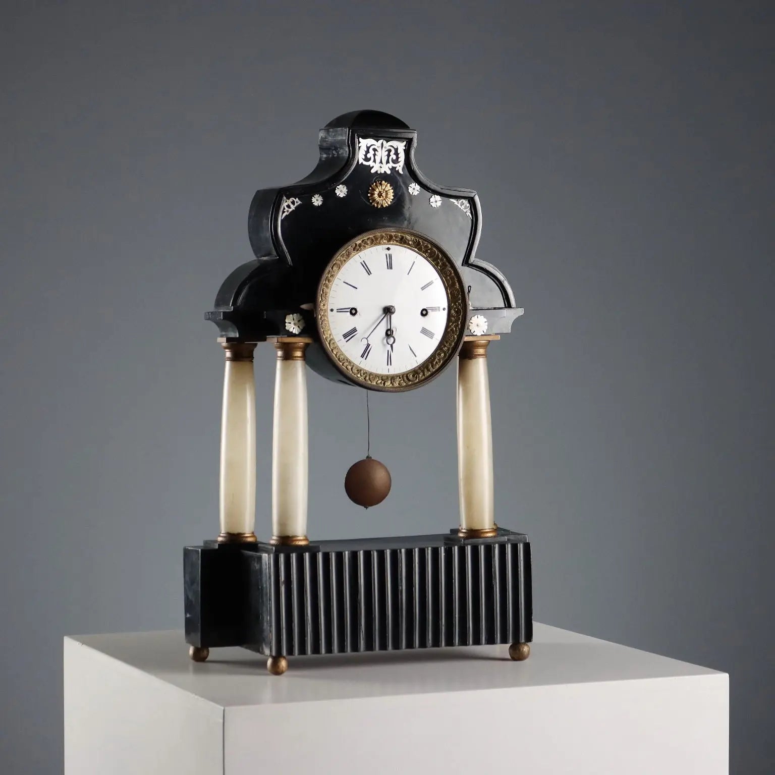 Antique Clock Ebonized Wood Alabaster Bronze XIX Century