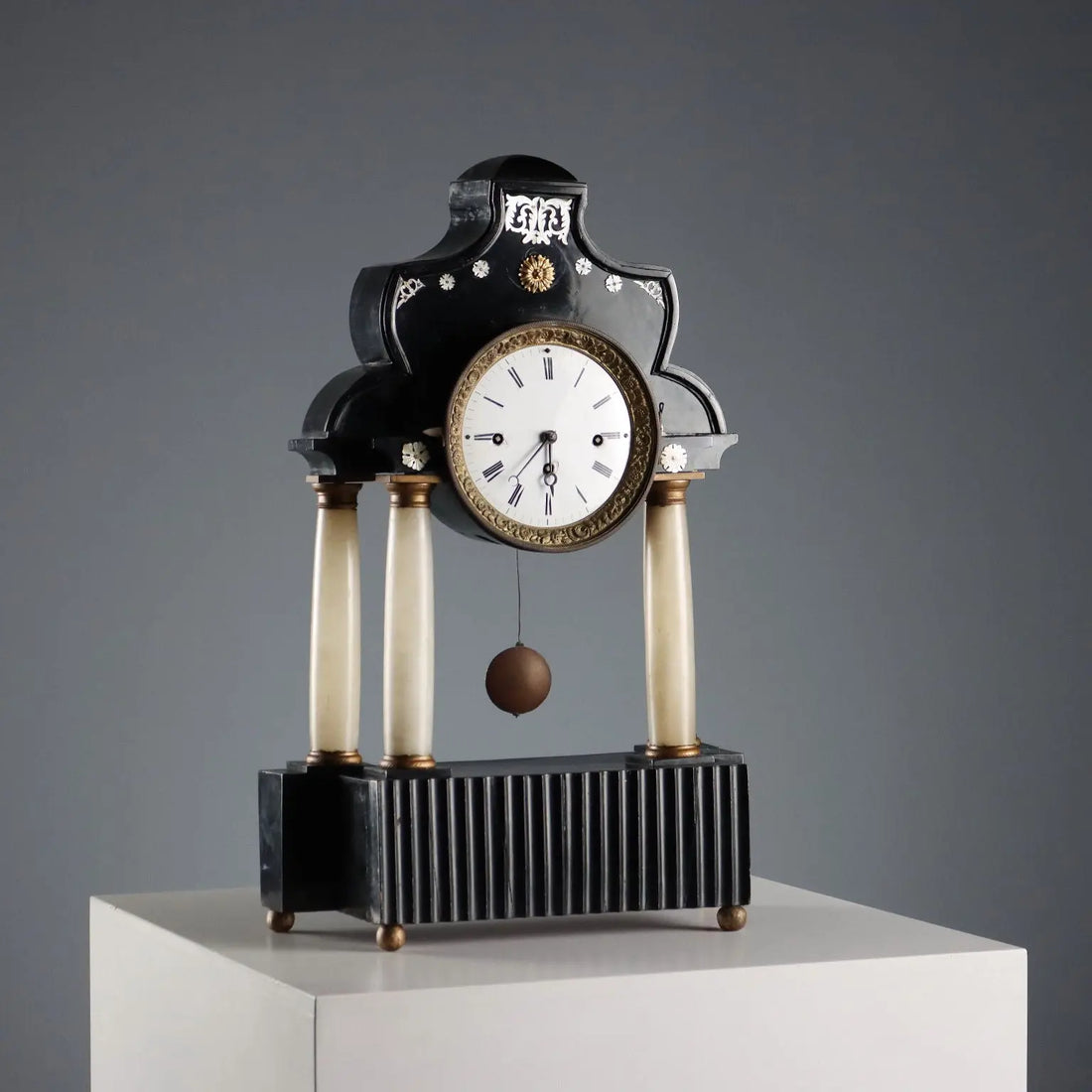Antique Clock Ebonized Wood Alabaster Bronze XIX Century