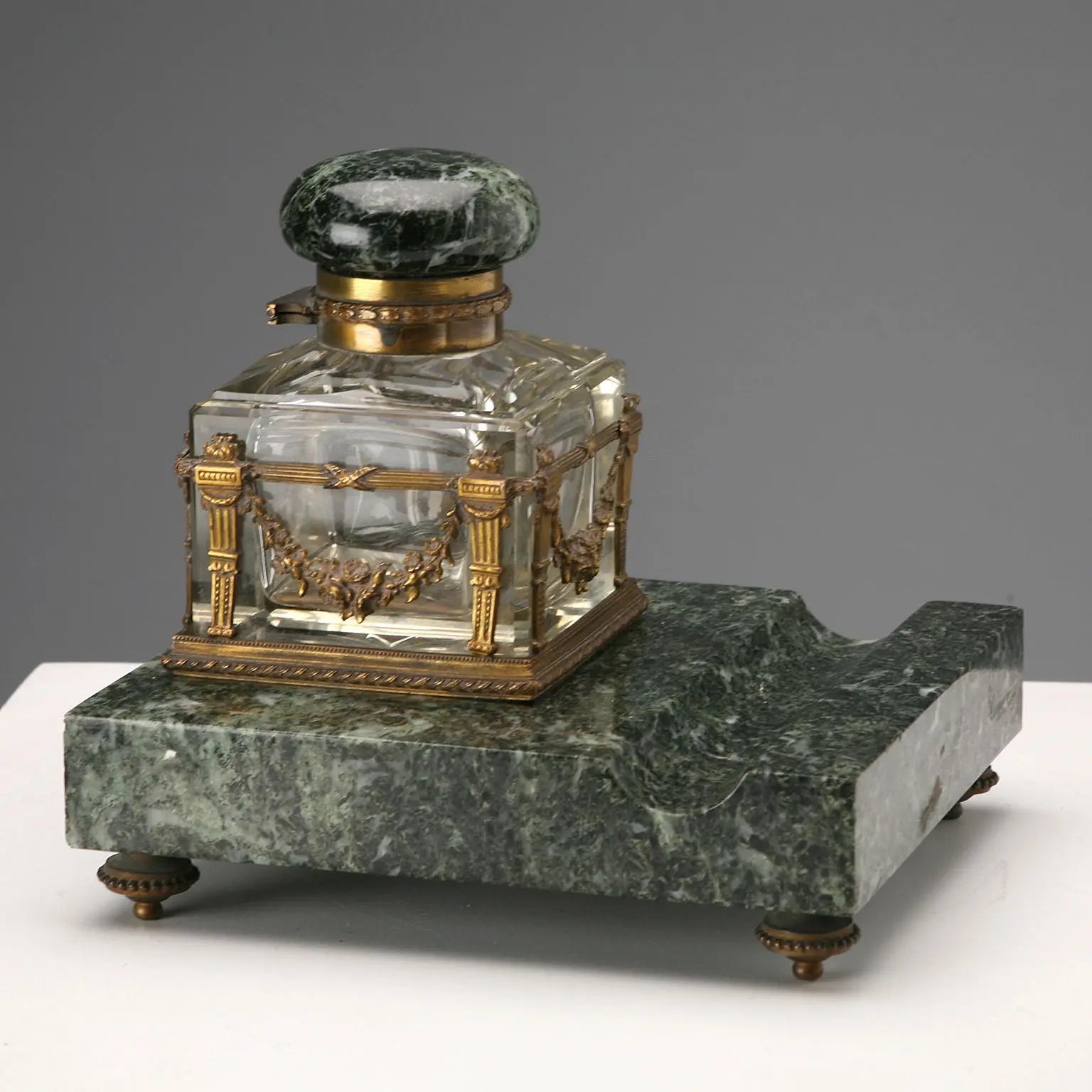 Antique Inkwell Green Marble Glass Italy XIX Century