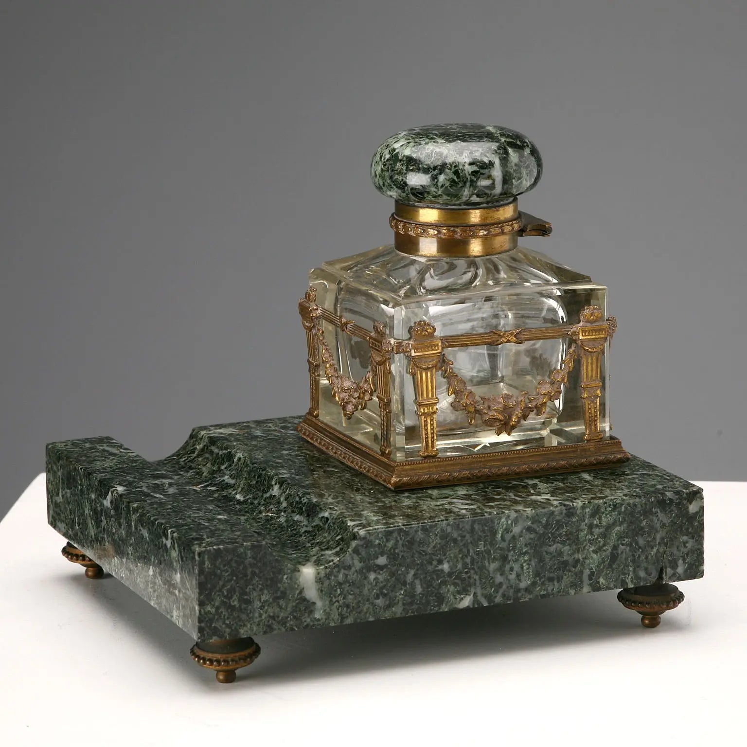 Antique Inkwell Green Marble Glass Italy XIX Century