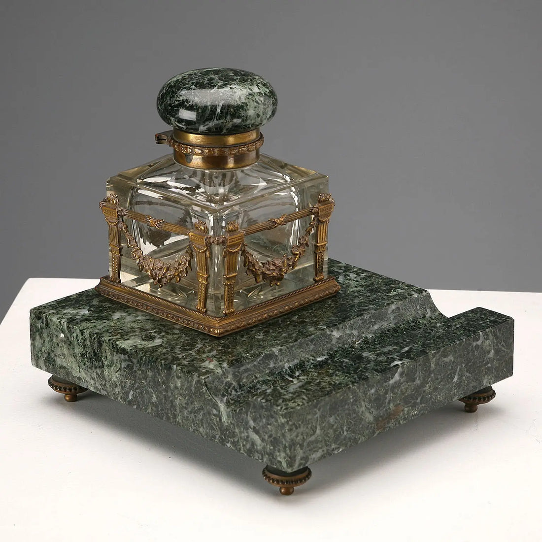Antique Inkwell Green Marble Glass Italy XIX Century