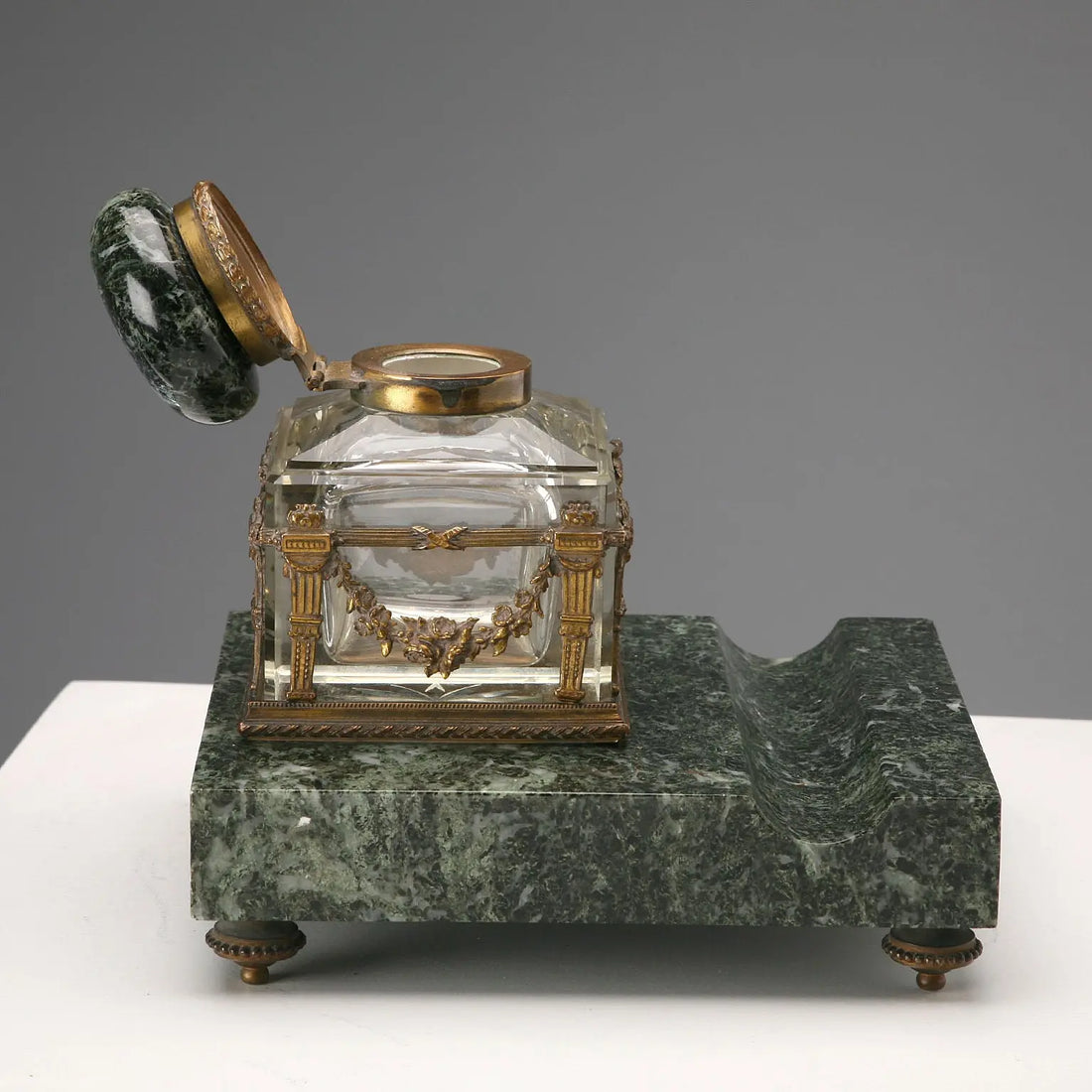 Antique Inkwell Green Marble Glass Italy XIX Century