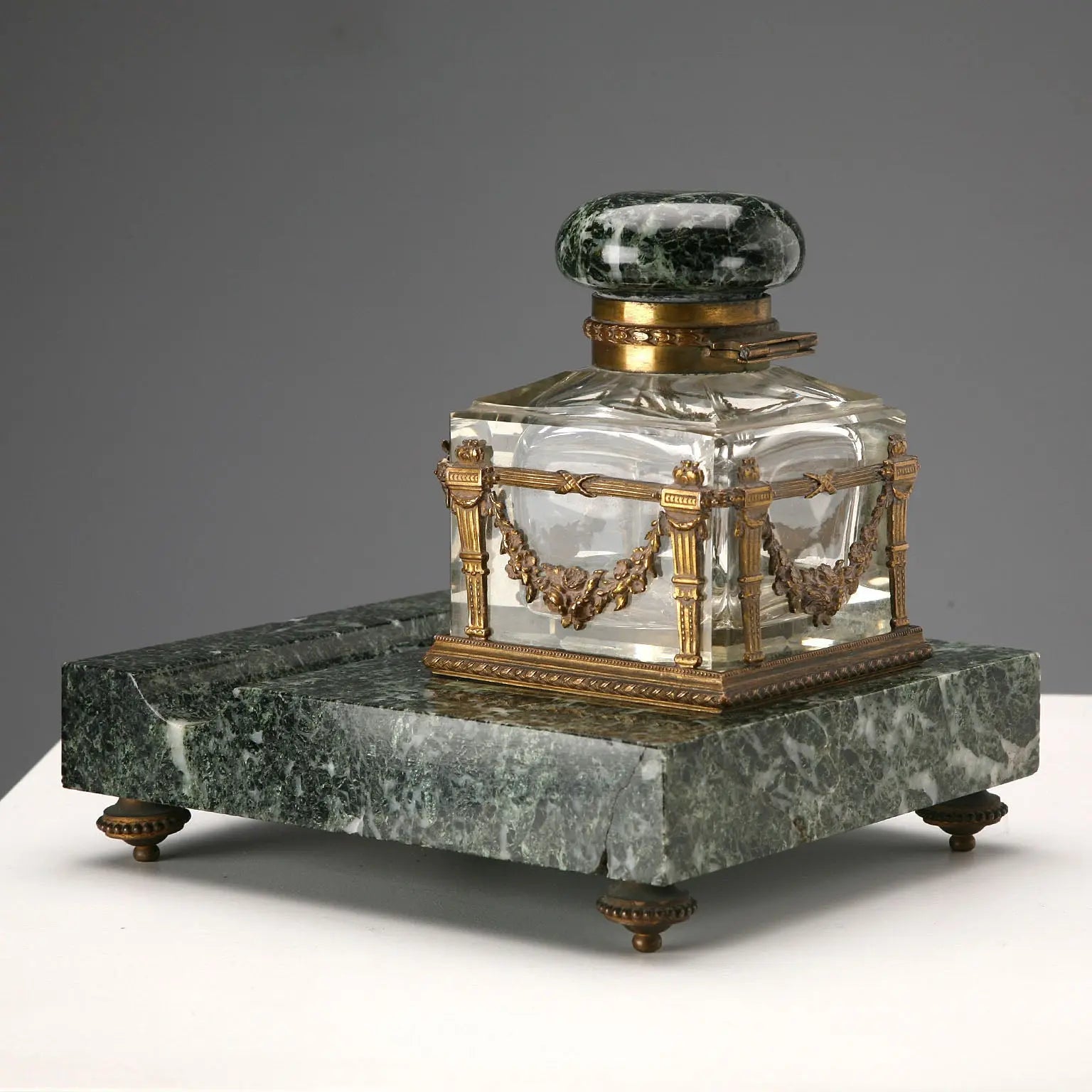 Antique Inkwell Green Marble Glass Italy XIX Century