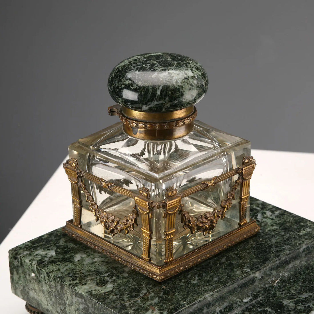 Antique Inkwell Green Marble Glass Italy XIX Century