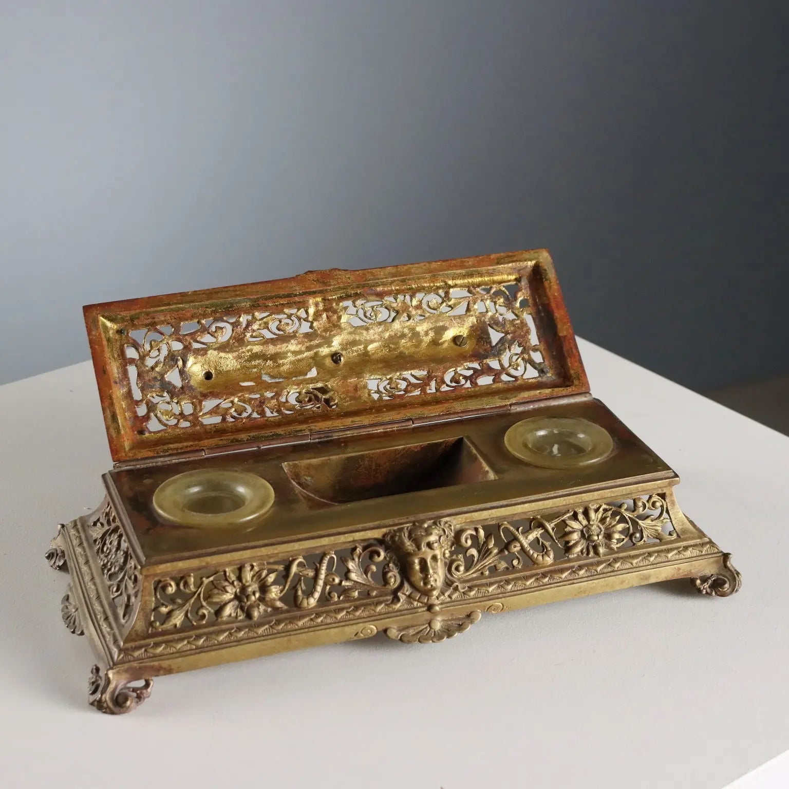 Antique Inkwell Carved Gilded Bronze Europe XIX-XX Century
