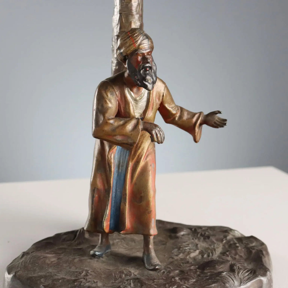 Antique Sculpture Oriental Man Painted Metal XX Century