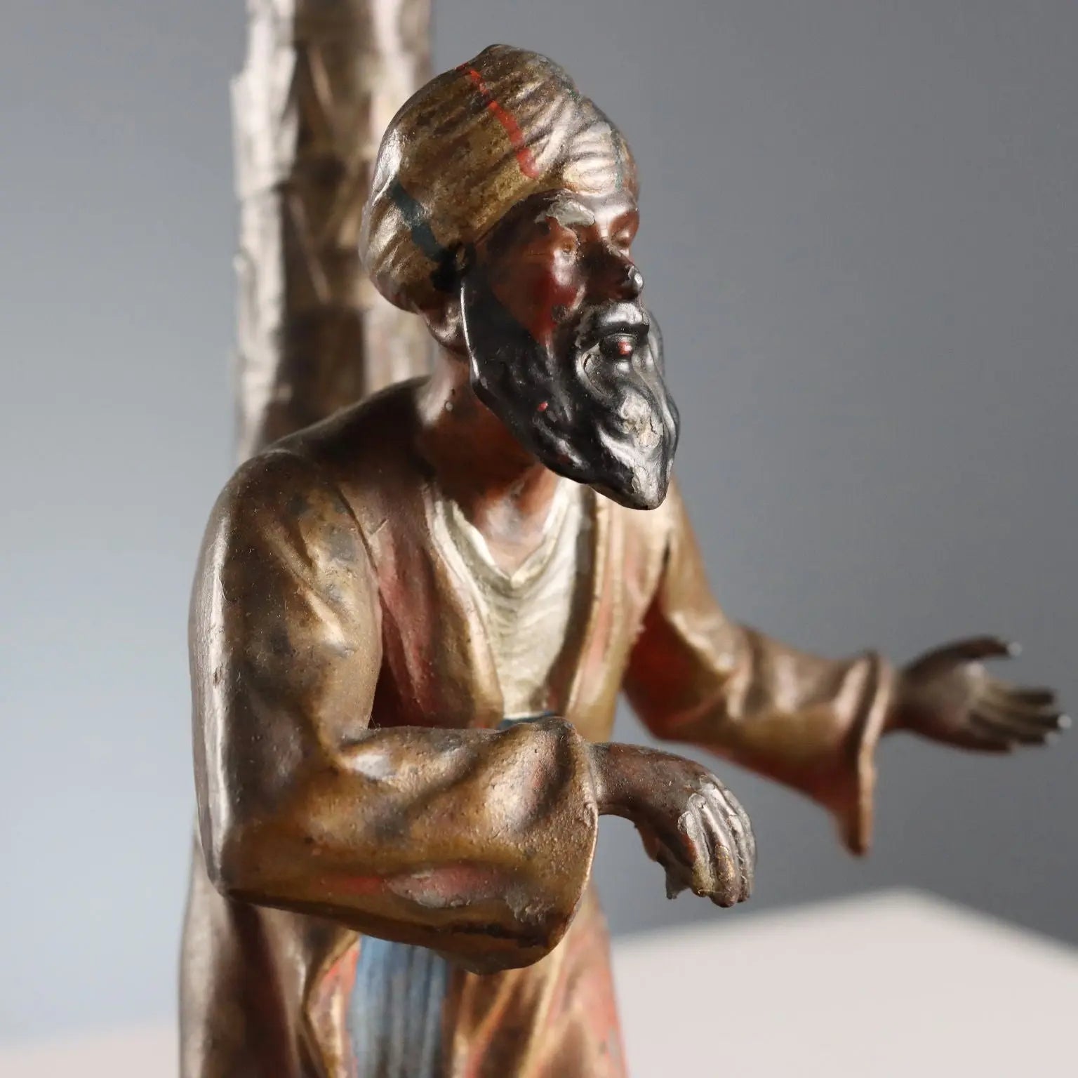 Antique Sculpture Oriental Man Painted Metal XX Century