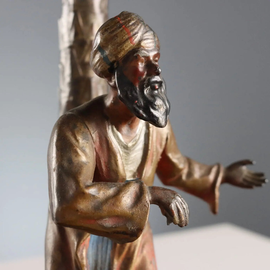 Antique Sculpture Oriental Man Painted Metal XX Century