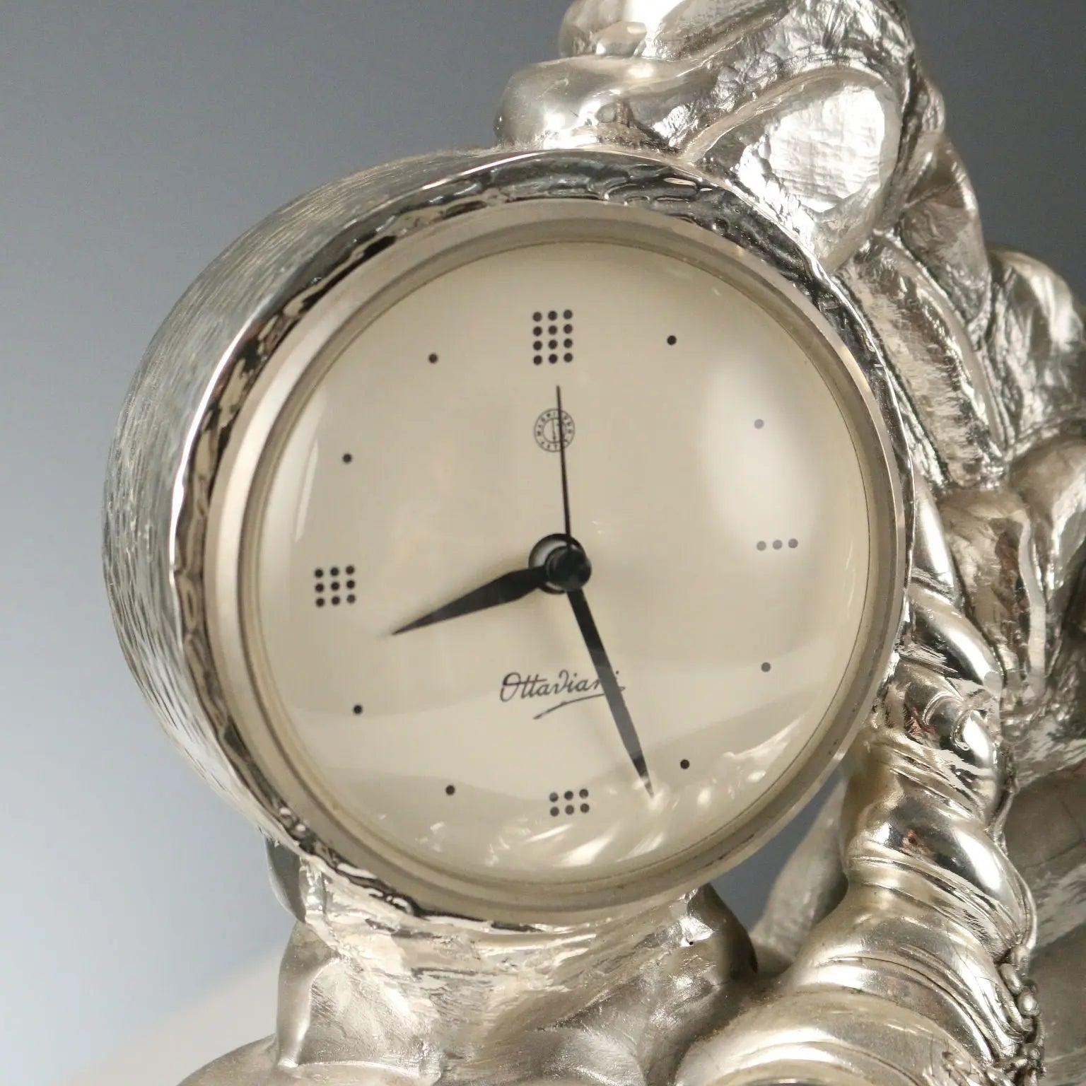 Vintage Sculptural Clock Silver Sheeth Ottaviani Italy 1990s
