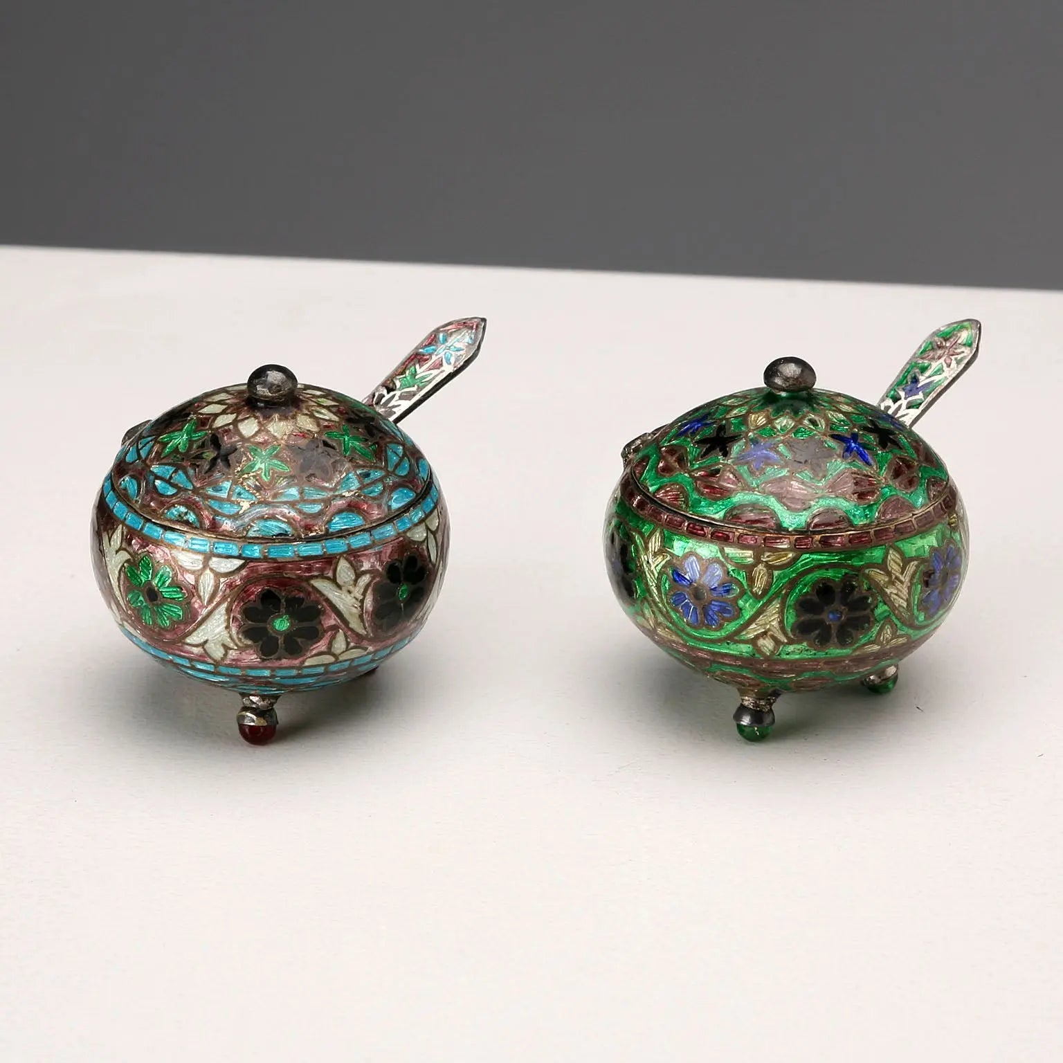 Antique Salt Shakers Silver and Enamels Europe Early XX Century