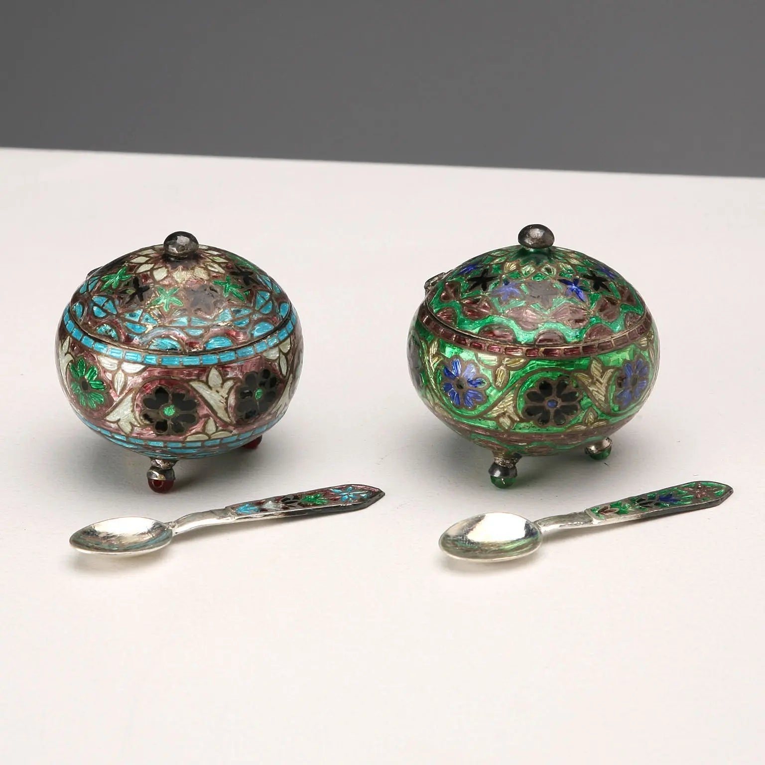 Antique Salt Shakers Silver and Enamels Europe Early XX Century